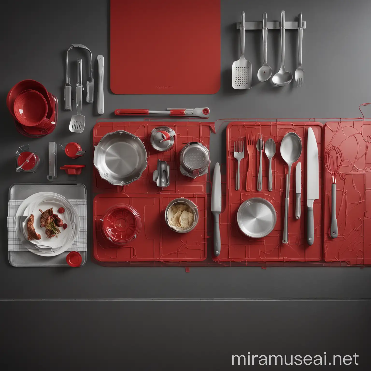 Create a moodboard showcasing a couple cooking together at home, using a vibrant palette of metallic red and gray tones. Incorporate high-quality plastic products and soft lines, emphasizing modern technological elements and security features for a sense of innovation and simplicity.