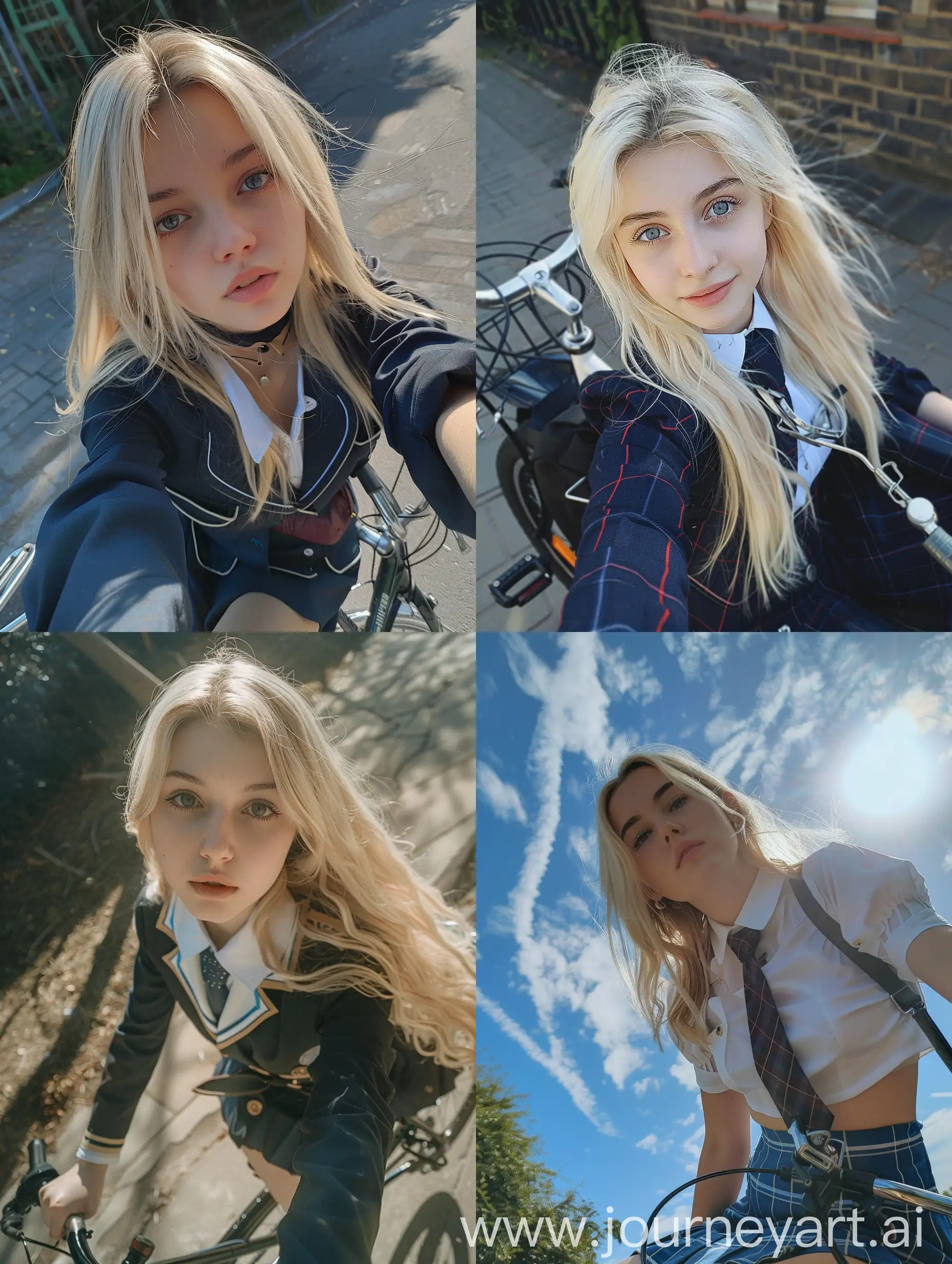 a girl, 22 years old, blonde hair, school uniform, sitting on a bicycle, no effects, selfie , iphone selfie, no filters, natural , iphone photo natural, down view
