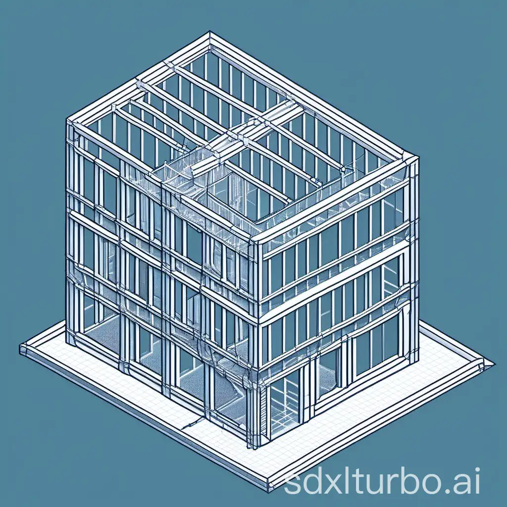 wireframe style, house skeleton, isometric view