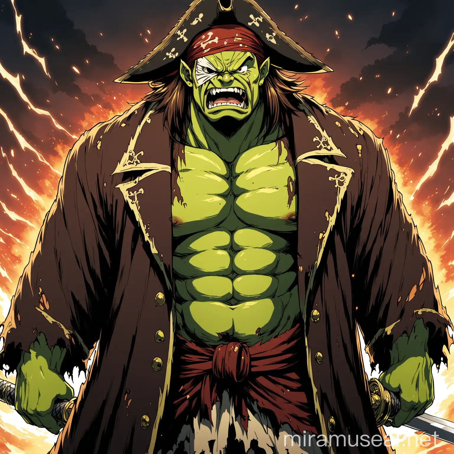 a pirate ogre who is holding two sabers, he is missing an eye, his clothes are torn, he has a menacing expression. in anime