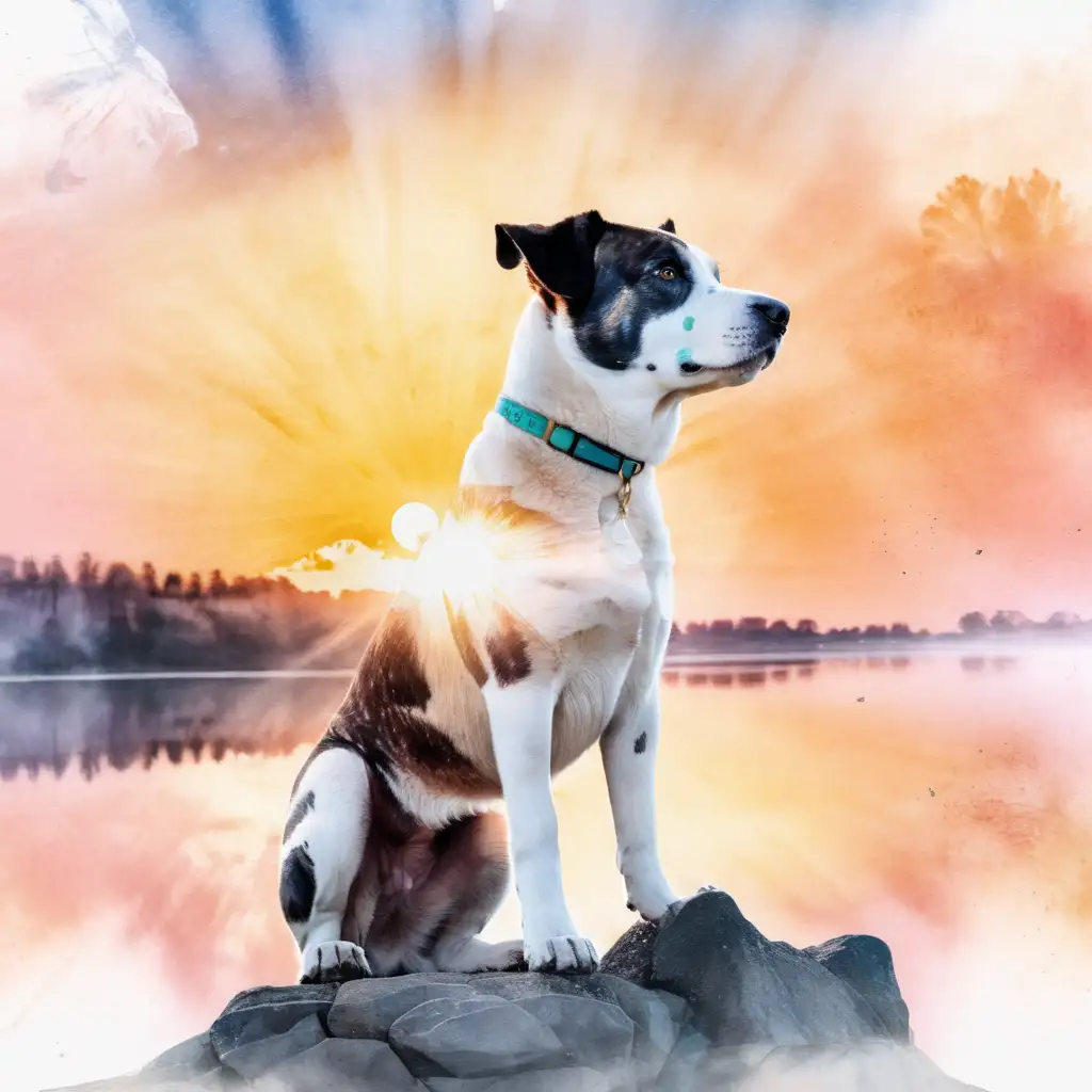 Dubbelexponering en hund och en soluppgång, med vattenfärg 