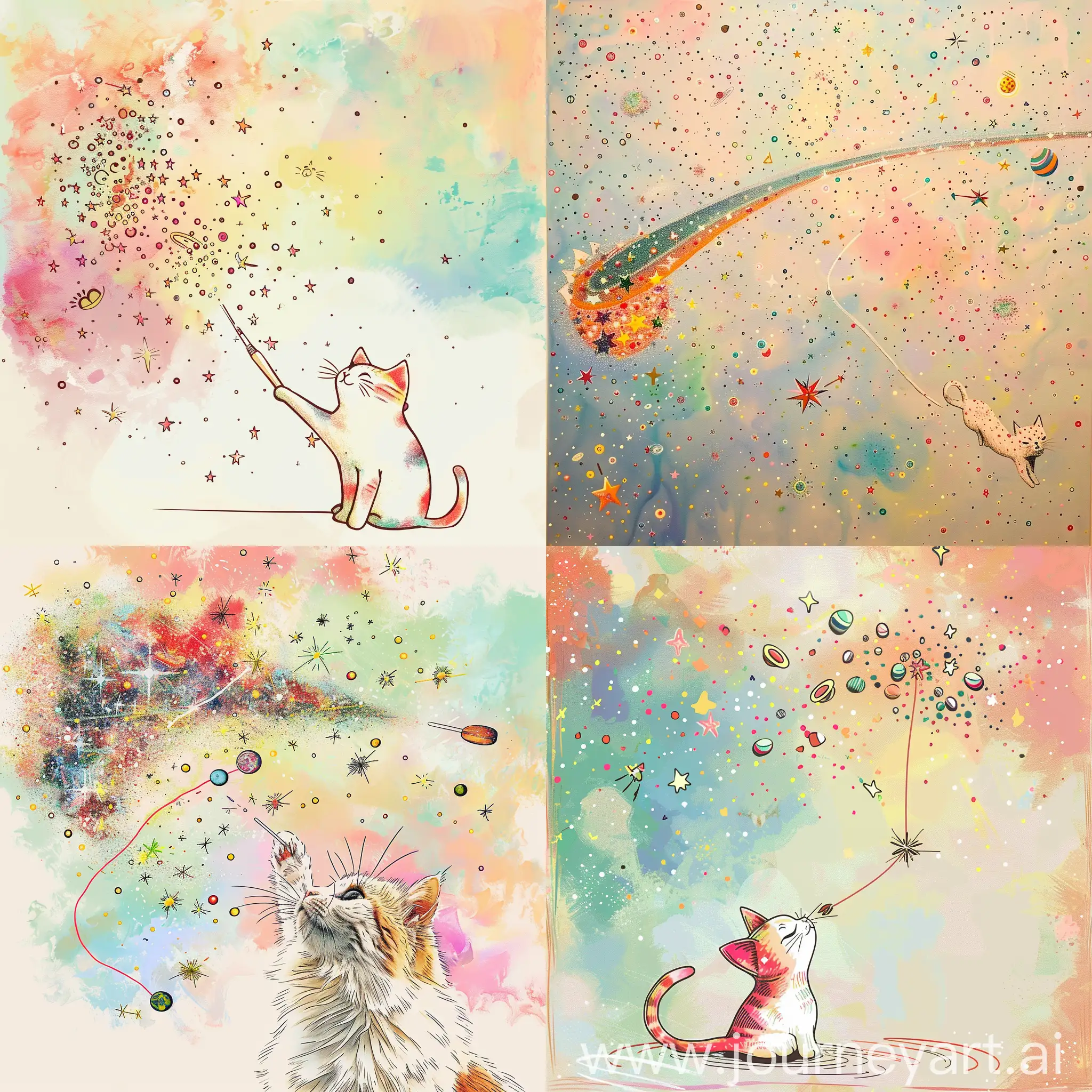 a hand-drawn universe with comets and stars, a huge cluster of small stars with different multicolored colors and a line in the form of a multicolored universe on a background with pastel colors, a small, carelessly drawn white-red cat with a smooth brush in the middle of another, smaller one
