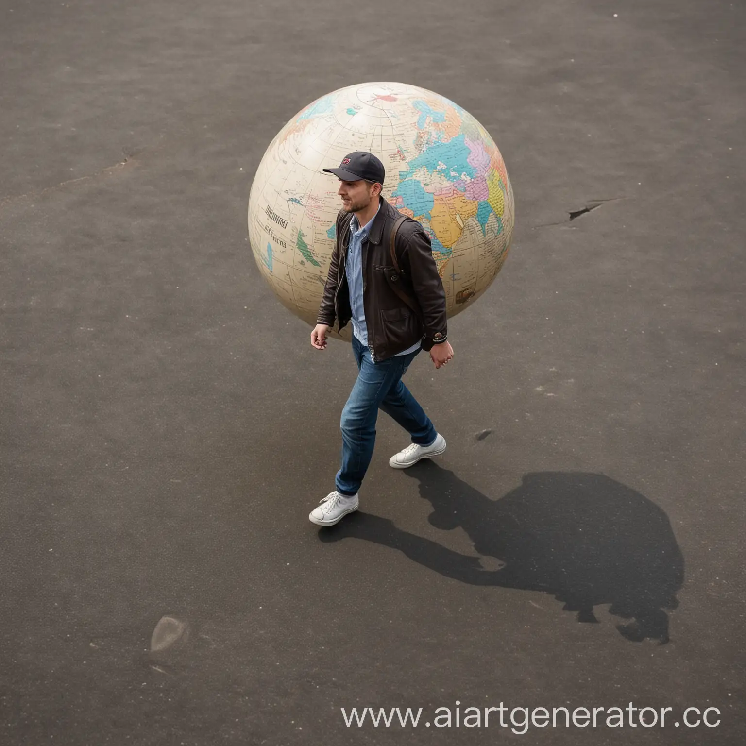 Man-in-Baseball-Cap-Walking-on-Globe