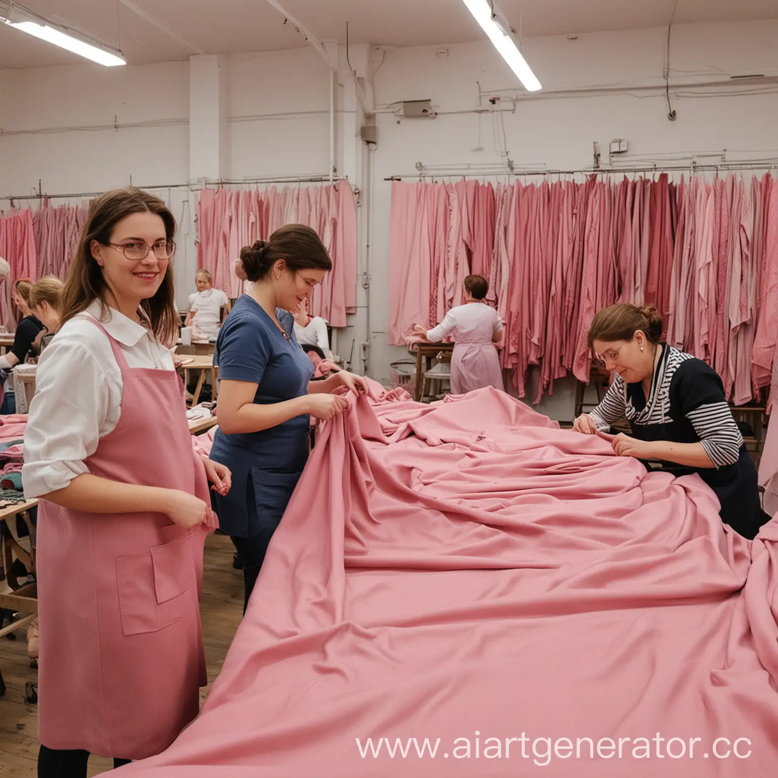 People in the fabric workshop in pink