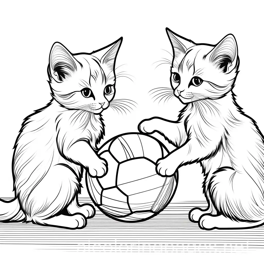 قطط صغيرة تلعب بالكرة, Coloring Page, black and white, line art, white background, Simplicity, Ample White Space. The background of the coloring page is plain white to make it easy for young children to color within the lines. The outlines of all the subjects are easy to distinguish, making it simple for kids to color without too much difficulty