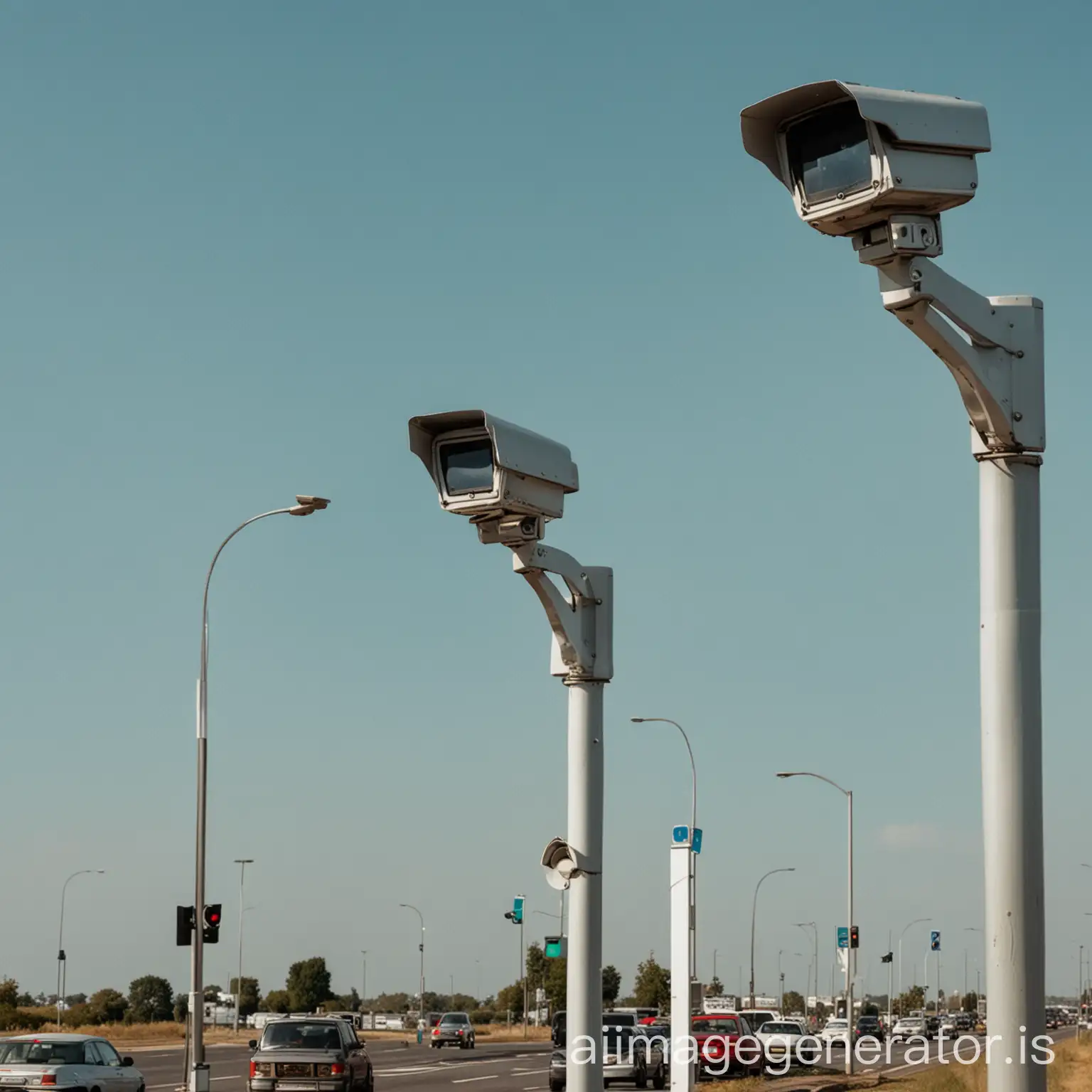 a row of traffic cameras, the sky is blue