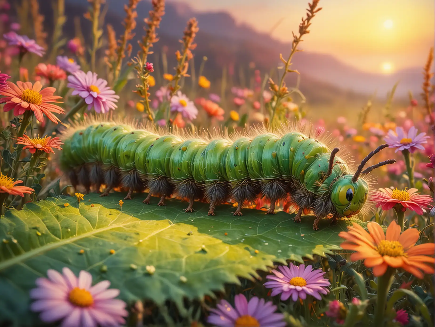 closeup of a green caterpillar crawling on a leaf in a colorful meadow of flowers at sunset. In style of impressionist oil painting.