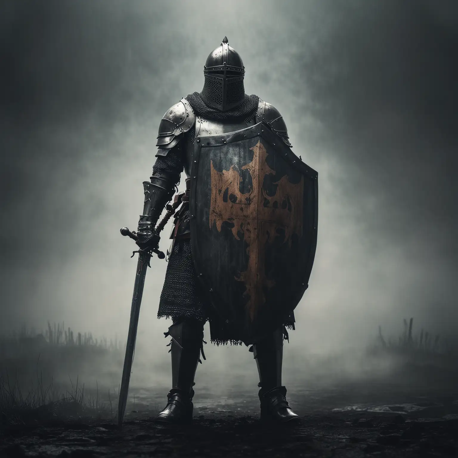 Medieval Knight Standing Guard in a Dark and Misty Environment