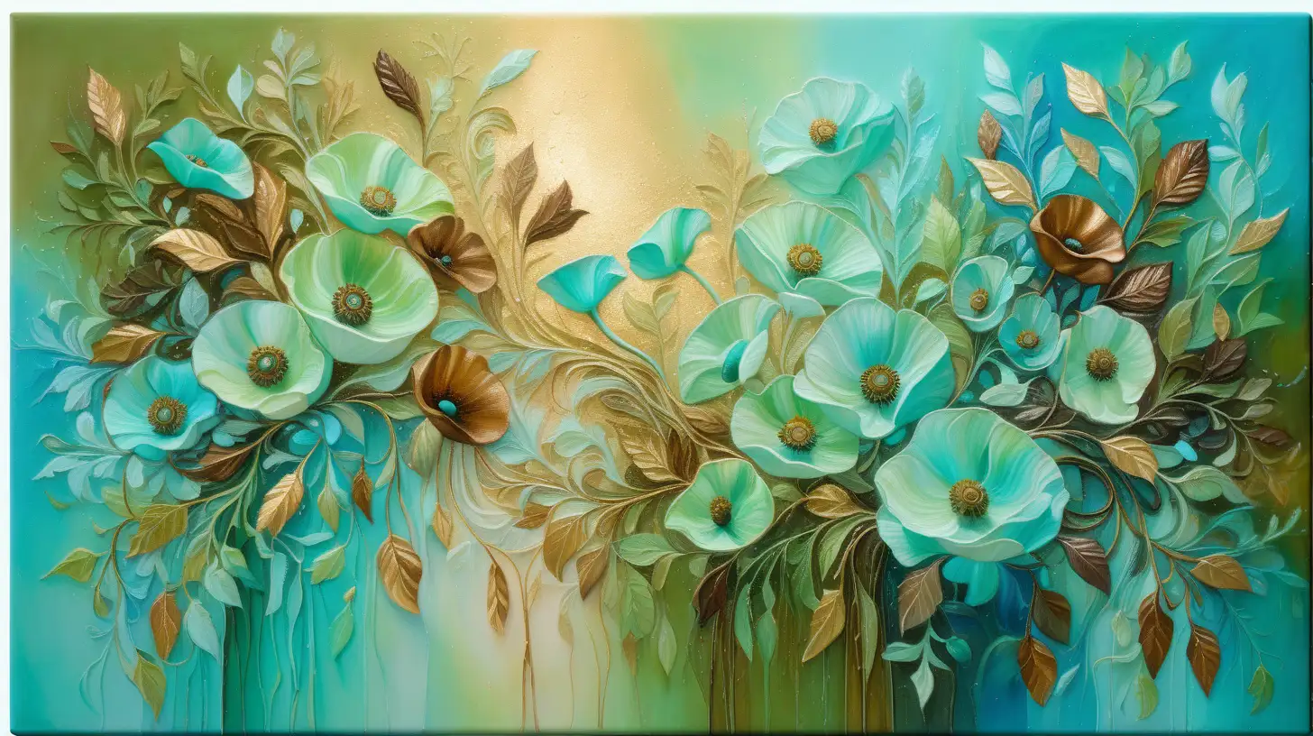 textured oil painting of abstract art of florescent colors of green-mint and leather browns and blues and golden-whites in golden dust and a magical baby-blue florals glowing with luminescent  green vines and poppy