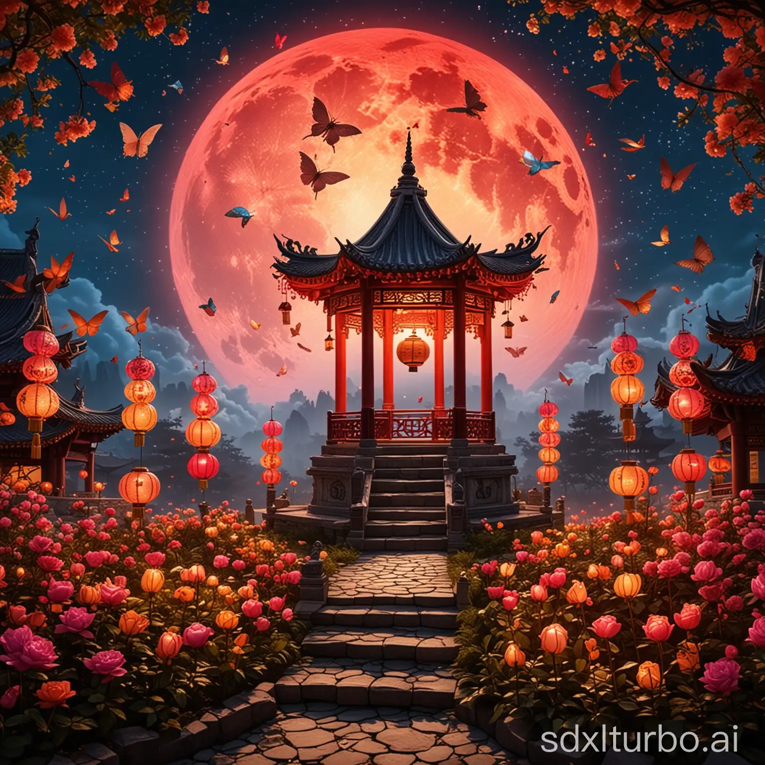The image of a large rose with petals blooming, colorful lantern butterflies and birds, Chinese-style pavilion lanterns, rockery lanterns, the lantern of the Chinese mythological figure Chang'e, rabbit lanterns, with a large moon background with colorful clouds above the back, combined into a beautiful scenery, in the style of Li Keran, evening background, lighting effects, LED, Shanghai New Year, wide-angle lens.