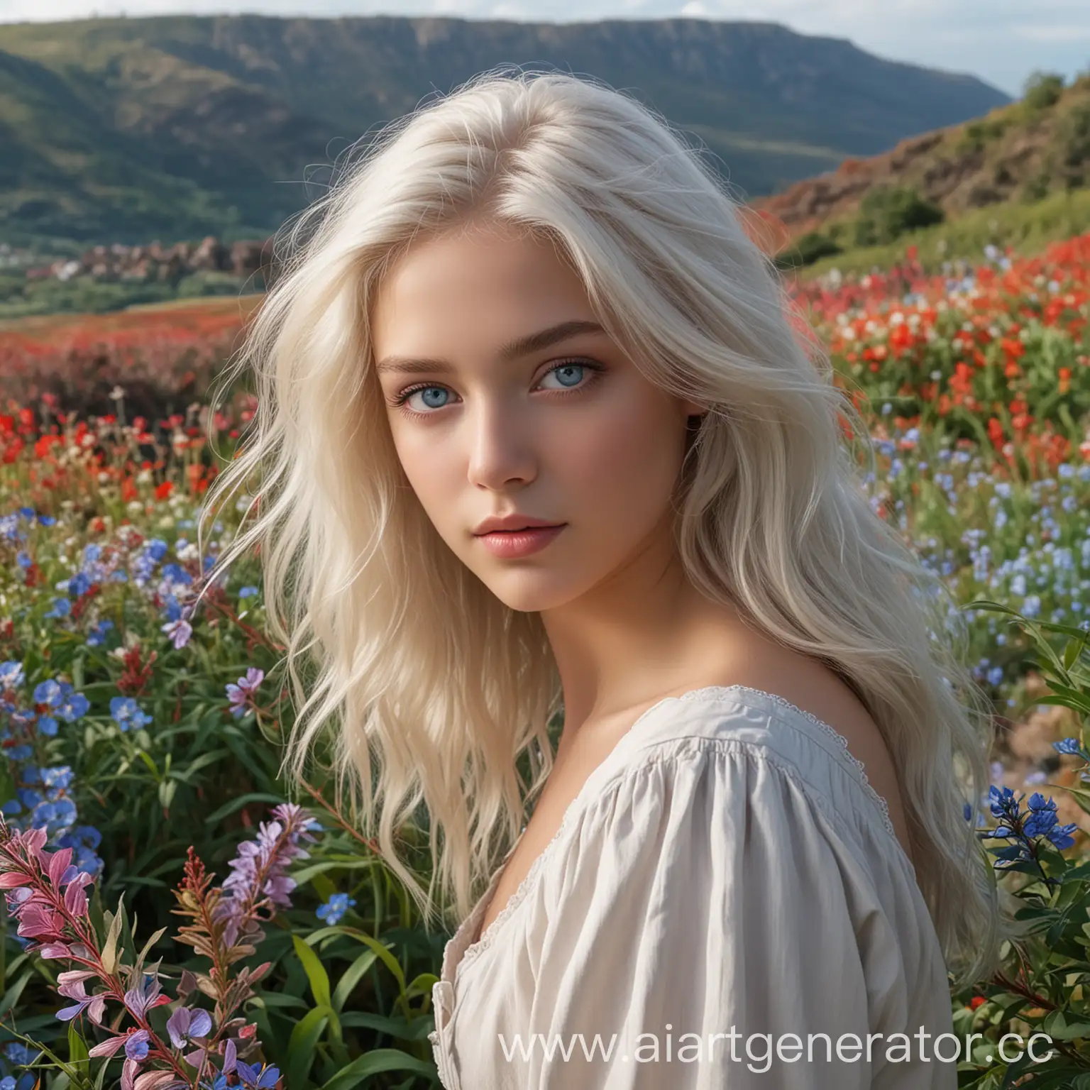  Лия Аллен, девушка восемнадцати лет, с платиновыми волосами и серо-голубыми глазами. Она стоит на фоне красивого пейзажа, окруженного разноцветными растениями. Ее идеальная фигура выглядит изящно и грациозно. В ее глазах блеск света отражается, будто она восхищена красотой окружающего мира.