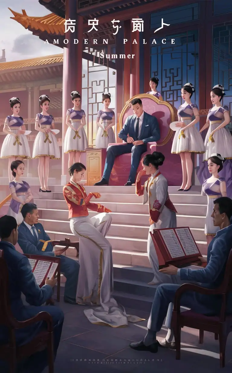 俯视图。近代中国。夏天。宫女围绕大王。上朝。大臣秉奏。大王一边把玩女官，一边听奏。