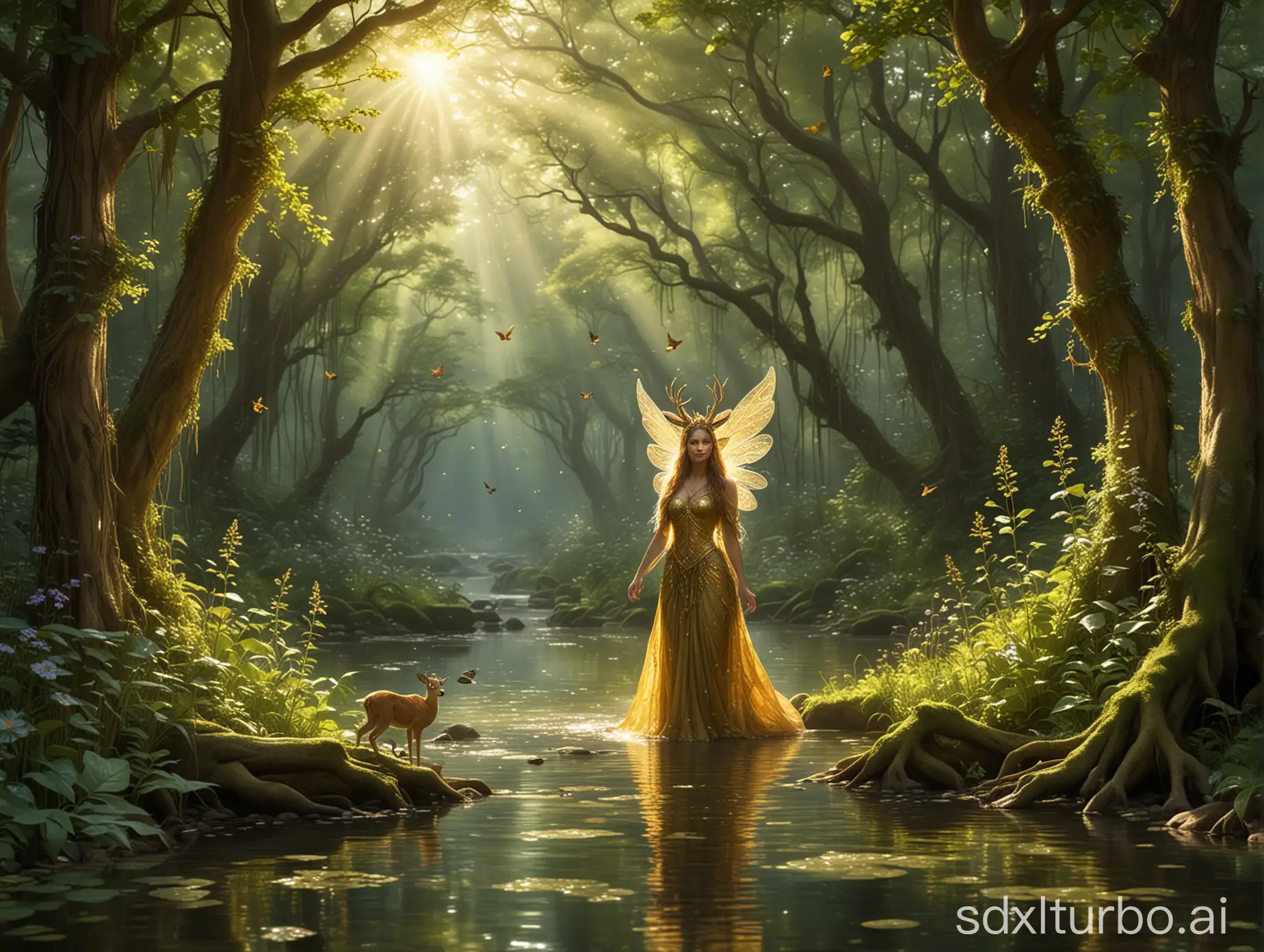 Depict a forest spirit living a tranquil life in the verdant and mystical ancient forest. Sunlight filters through the towering canopy, casting golden dappled shadows. The spirit has pointed ears and iridescent transparent wings, dressed in natural attire woven from leaves and vines, adorned with seasonal wildflowers. She dances gracefully beneath the ancient trees, surrounded by a babbling brook and a rich array of wildlife, such as deer and birds. The entire scene is enveloped in a soft magical aura, creating a dreamlike atmosphere of peace and harmony.