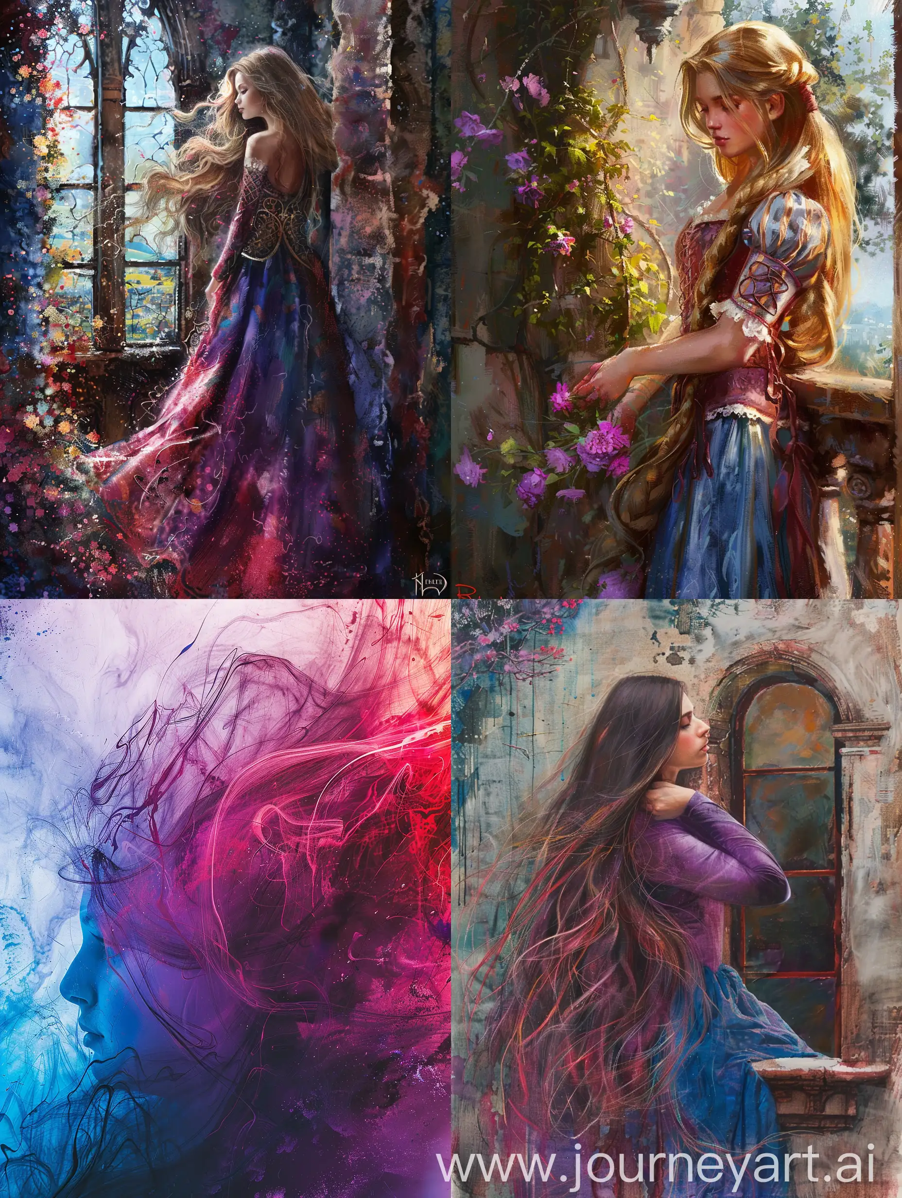 Vicente Romero style of the princess Rapunzel at an open tower window letting her extremely long 10 foot hair down out the window:: shades of red and blue and purple