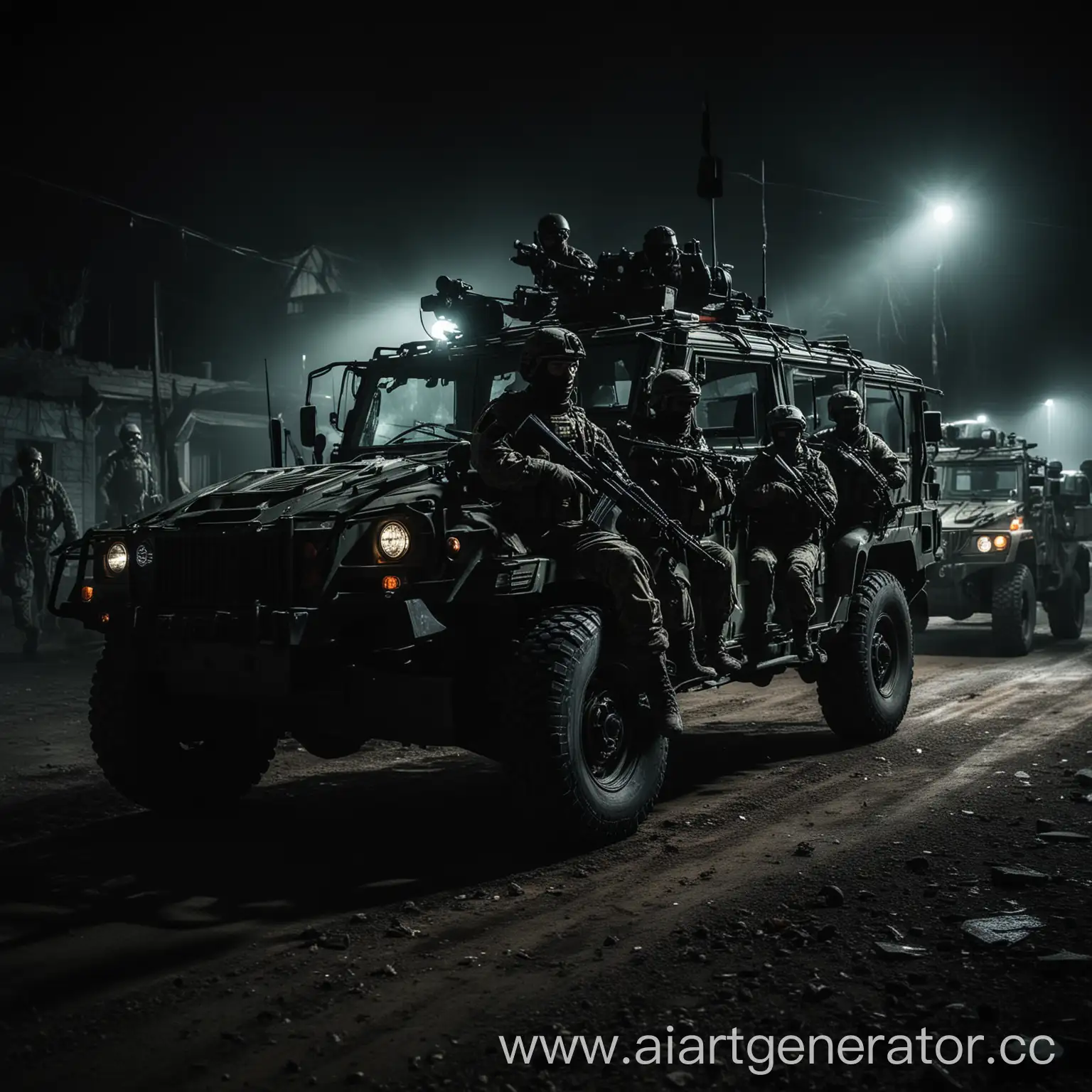 Военные США на специальной операции, военный автомобиль рядом с мигалками, у всех бойцов Автоматы Калашникова, изображение темное страшное.