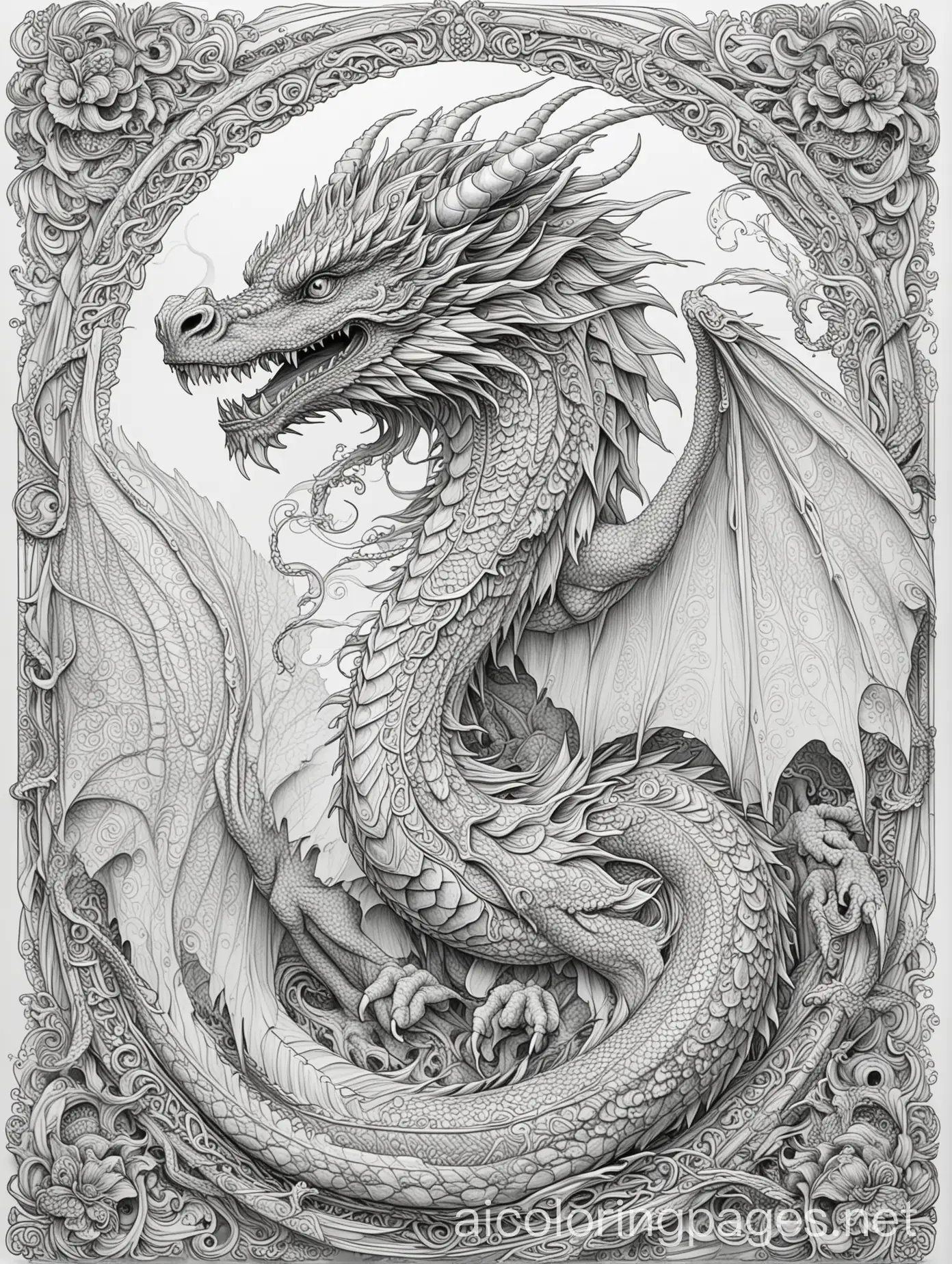 elaborate and intricate detailed regal full dragon for adult coloring book , Coloring Page, black and white, line art, white background, Simplicity, Ample White Space. The background of the coloring page is plain white to make it easy for young children to color within the lines. The outlines of all the subjects are easy to distinguish, making it simple for kids to color without too much difficulty