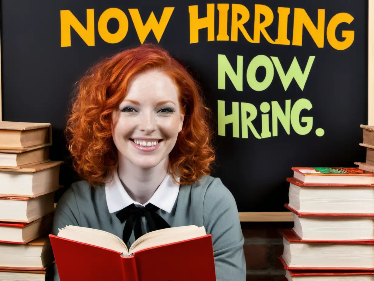 A red-headed book lady smiling surrounded by books with a sign that says now hiring
