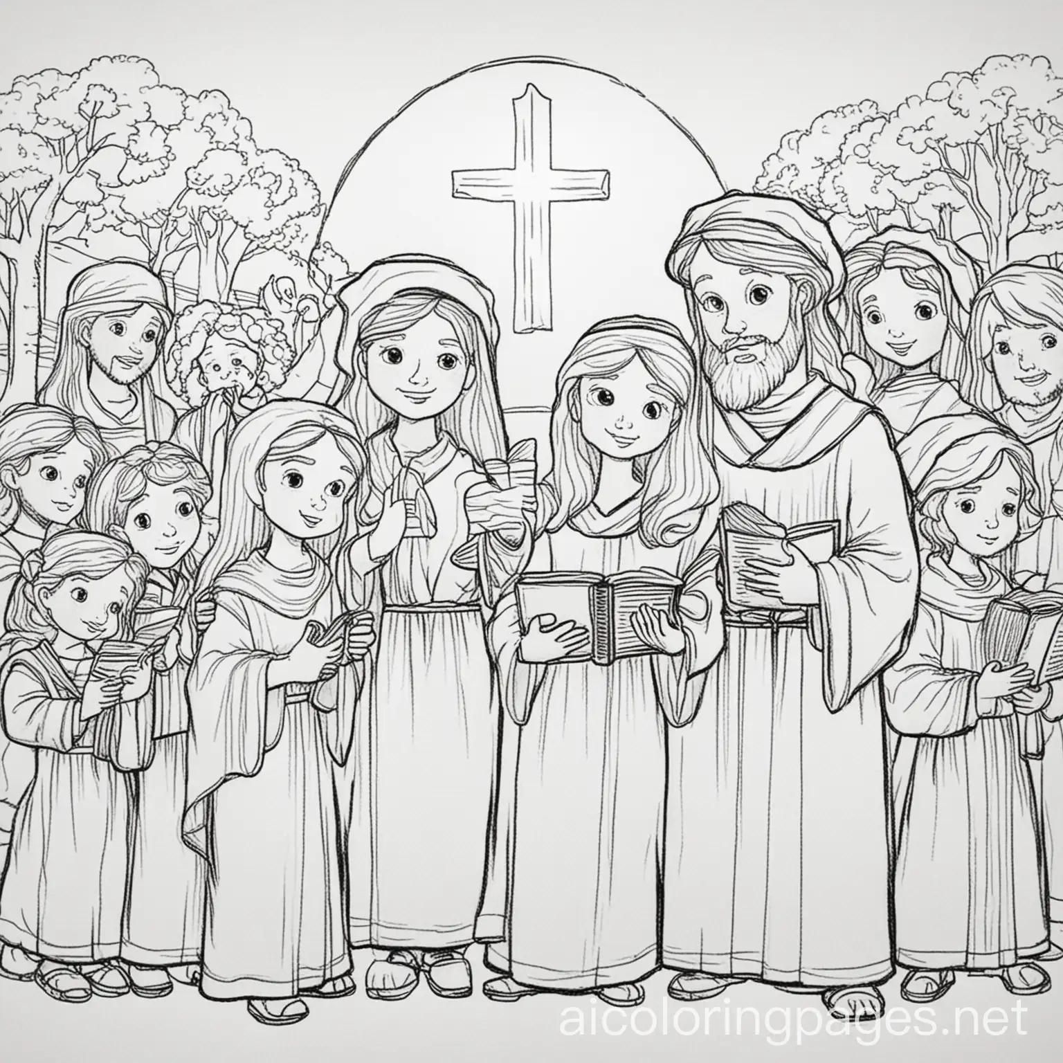 Bible stories, Coloring Page, black and white, line art, white background, Simplicity, Ample White Space. The background of the coloring page is plain white to make it easy for young children to color within the lines. The outlines of all the subjects are easy to distinguish, making it simple for kids to color without too much difficulty