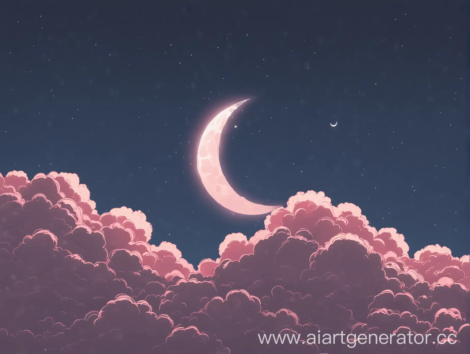 clouds sky moon pink darkblue anime minimalistic kawaii style