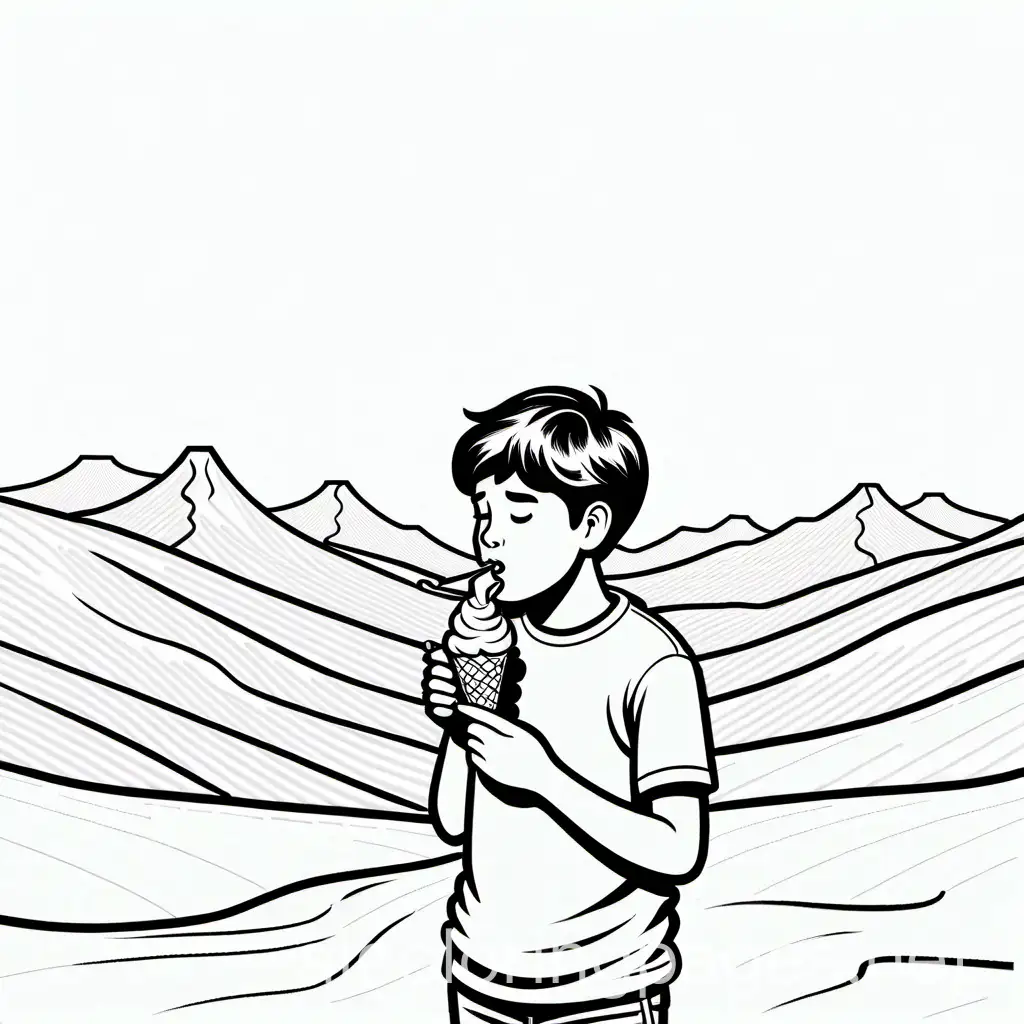 A boy eating ice cream in desert, Coloring Page, black and white, line art, white background, Simplicity, Ample White Space. The background of the coloring page is plain white to make it easy for young children to color within the lines. The outlines of all the subjects are easy to distinguish, making it simple for kids to color without too much difficulty