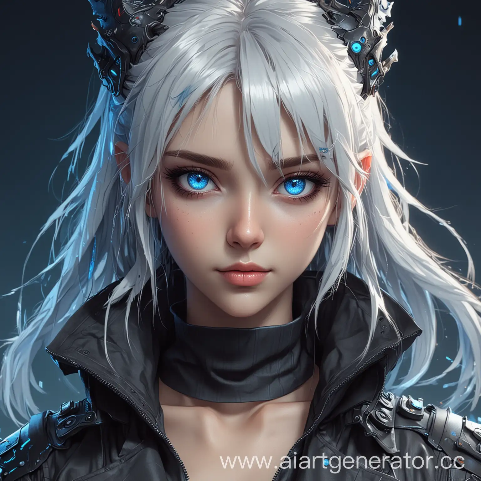 Нарисуй в стиле аниме девушку-дракона с синими глазами, одежда в стиле киберпанк