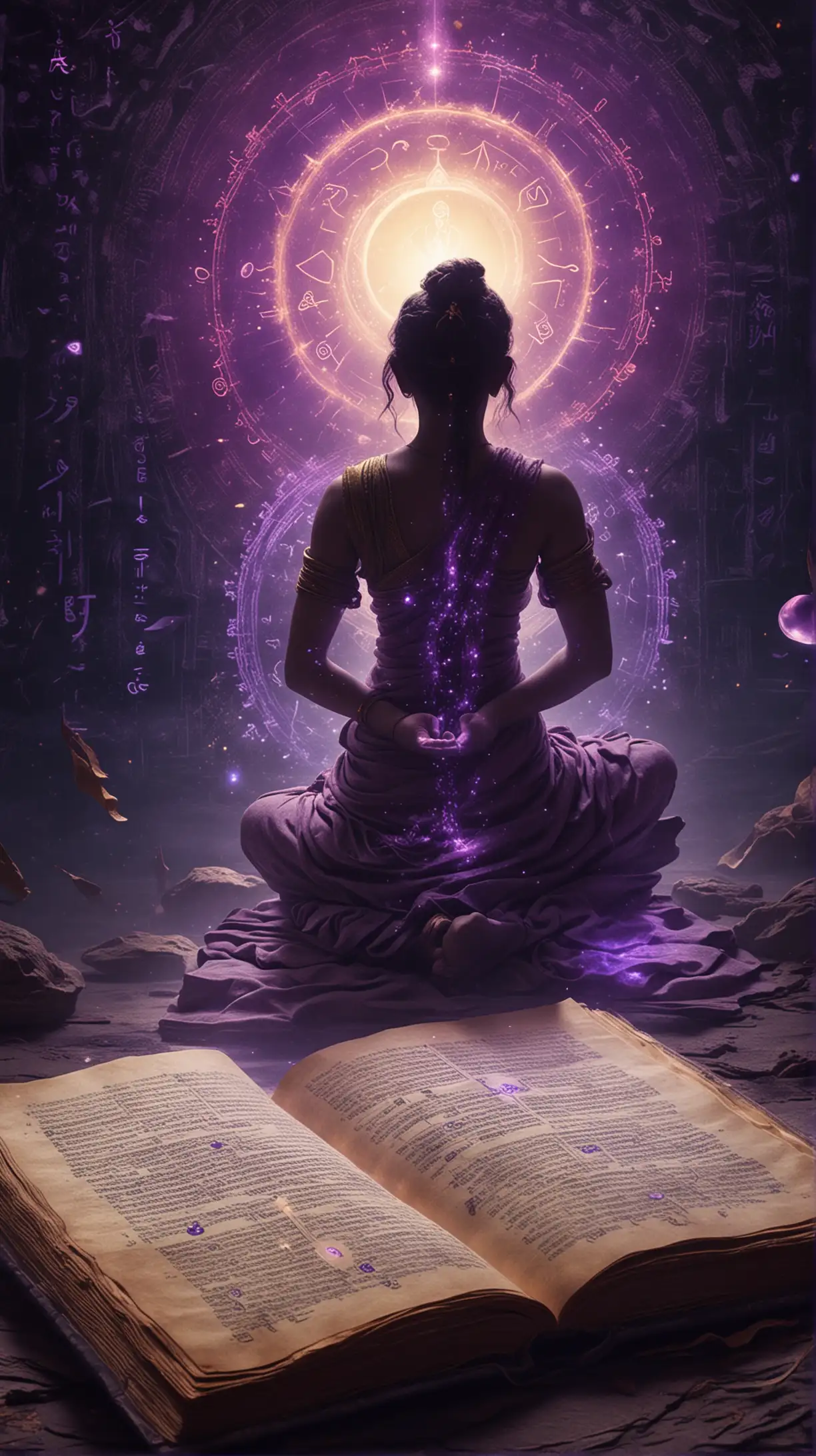 Mystical Book with Meditating Silhouette Cosmic Symbols and Ancient Wisdom