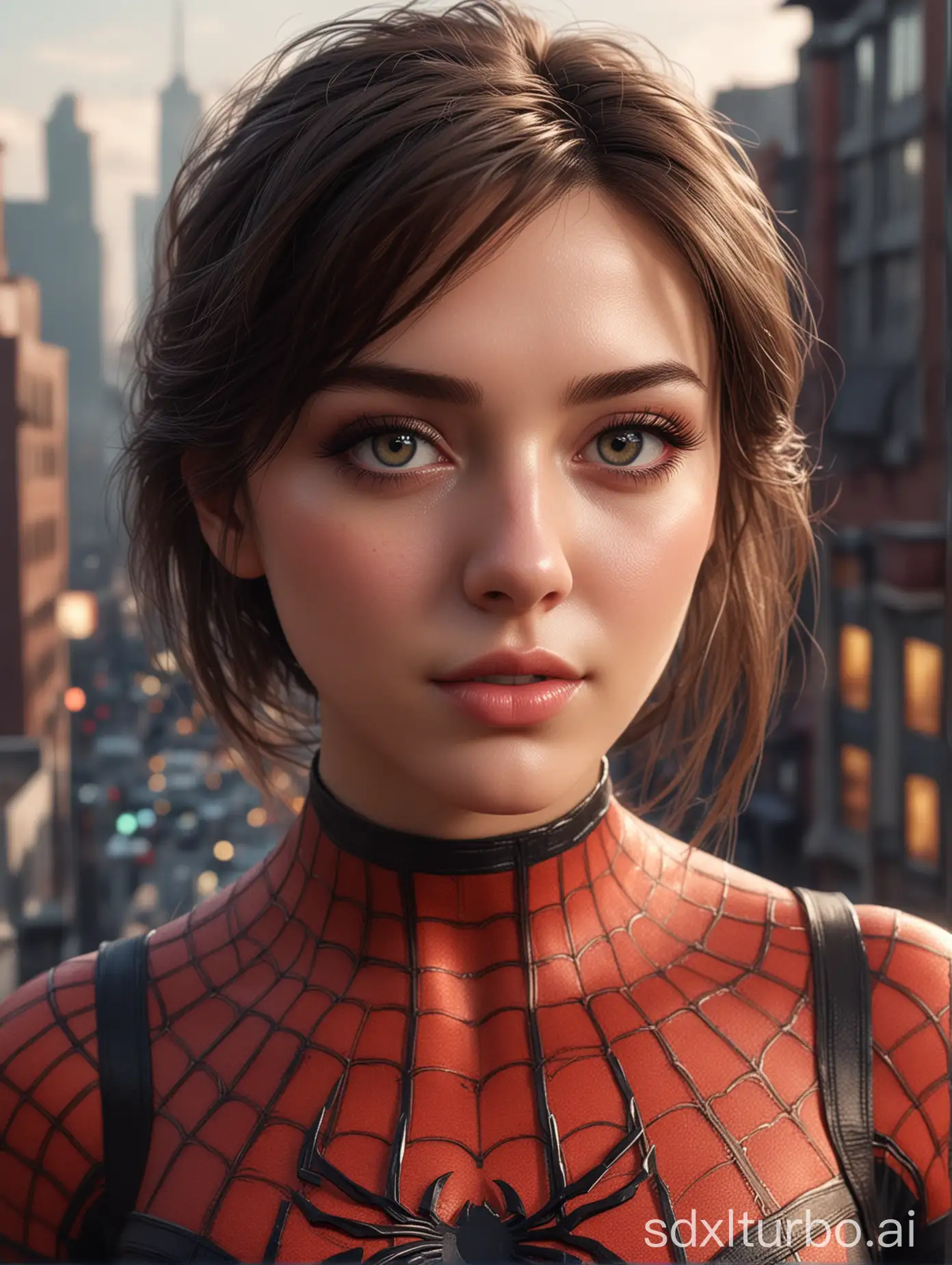 (1girl:1.3), Solo, (((Very detailed face)))), ((Very detailed eyes and face)))), Beautiful detail eyes, Body parts__, Official art, Unified 8k wallpaper, Super detailed, beautiful and beautiful, beautiful, masterpiece, best quality, original, masterpiece, super fine photo, best quality, super high resolution, realistic realism, sunlight, full body portrait, amazing beauty, dynamic pose, delicate face, vibrant eyes, (from the front), She wears Spider-Man suit, red and black color scheme, spider, very detailed city roof background, rooftop, overlooking the city, detailed face, detailed complex busy background, messy, gorgeous, milky white, highly detailed skin, realistic skin details, visible pores, clear focus, volumetric fog, 8k uhd, DSLR, high quality, film grain, fair skin, photo realism, lomography, futuristic dystopian megalopolis, translucent