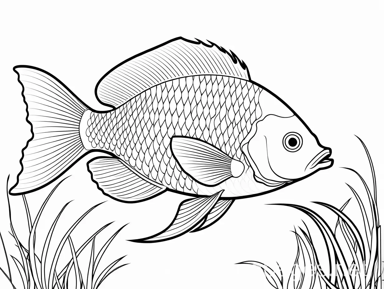 Fish, Coloring Page, black and white, line art, white background, Simplicity, Ample White Space. The background of the coloring page is plain white to make it easy for young children to color within the lines. The outlines of all the subjects are easy to distinguish, making it simple for kids to color without too much difficulty