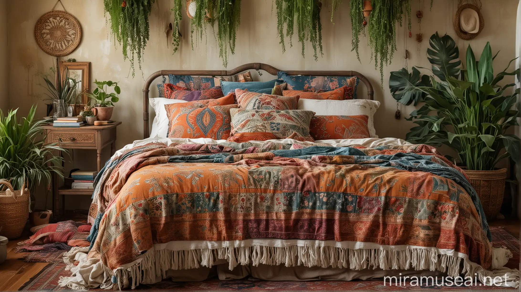 A photo with a whimsical and bohemian feel, emphasizing the layering of textures, patterns, and colors. The bed is a central element in the composition, surrounded by plants, throws, and other bohemian accents.