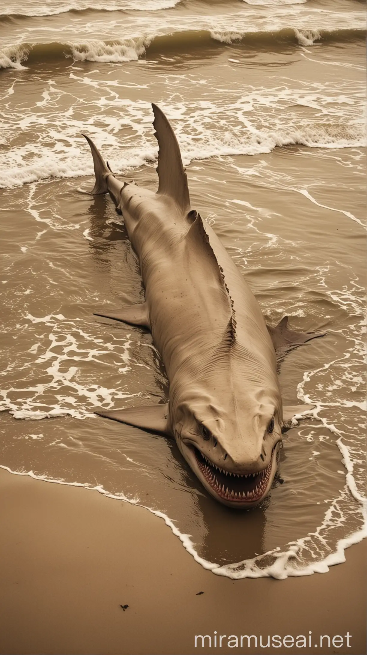 Create an image of a giant goblin shark wash up on the beach make it like a brownish yellow old photo. Make it look real