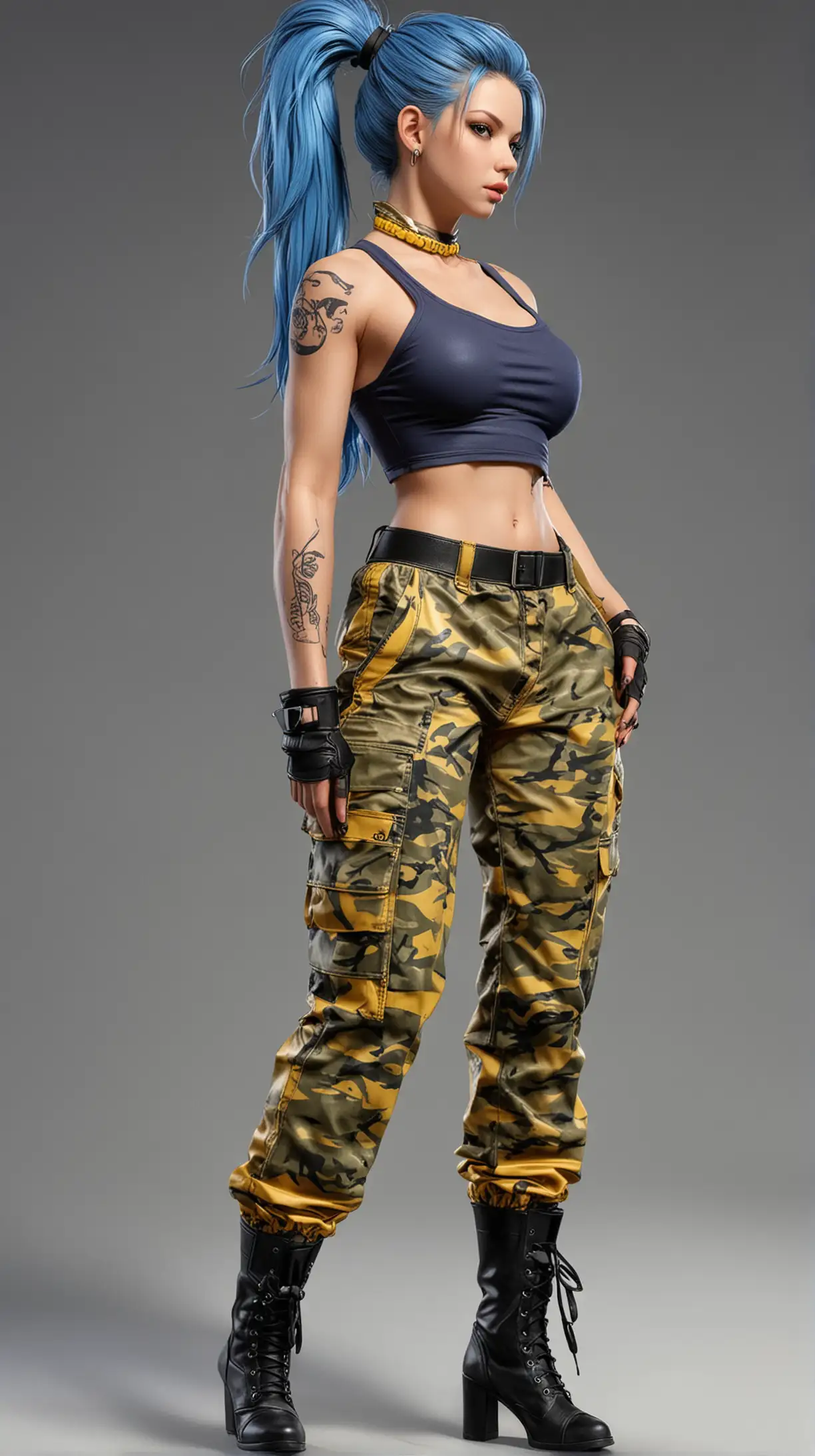 The king of fighters
Female Soldier
Blue Ponytail Hairstyle
Yellow Tube Top
Camouflage Pants