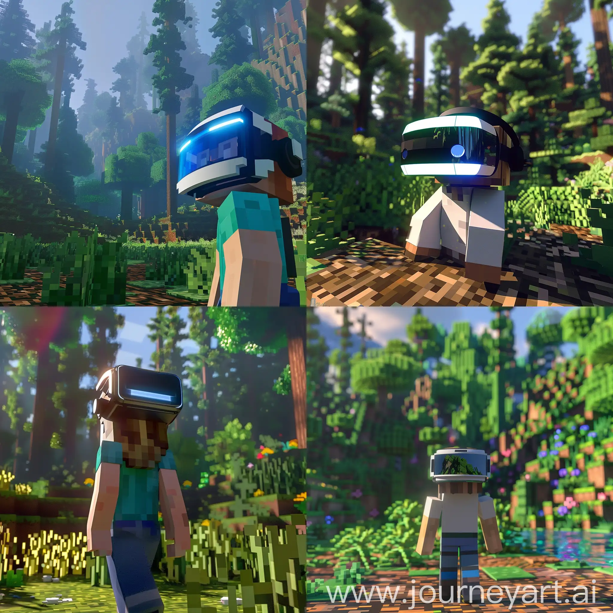 preview for the Minecraft game, the forest is behind, the player is wearing VR glasses
