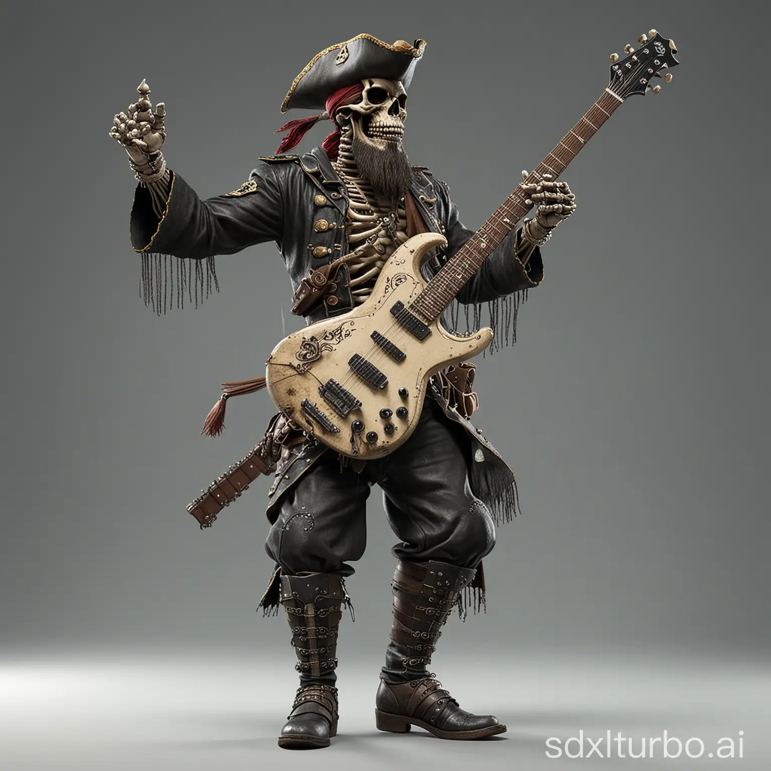 On a plain bacground is a A bearded skeleton pirate holding an electric guitar in a full body portrait is doing high kung fu kick with his left boot high into the air. This is a full body photo realistic high resolution image with sharp clean subject focus