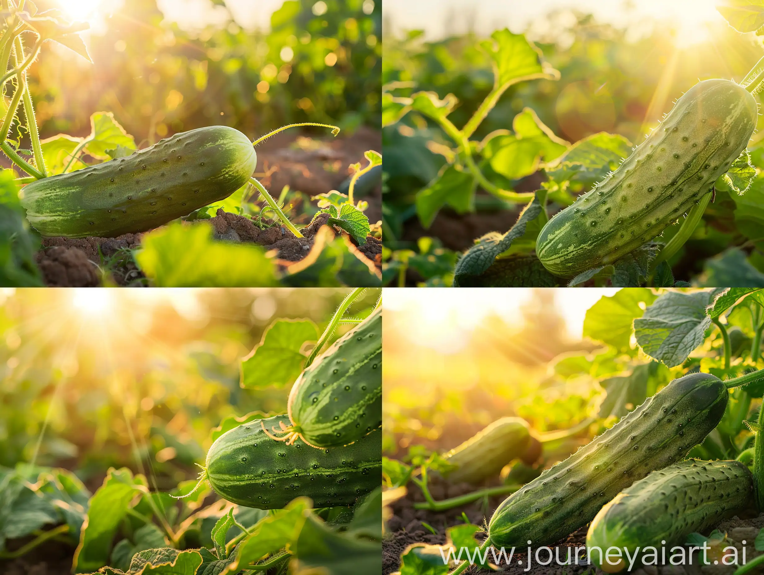 High detailed photo capturing a Cucumber, Bragger Hybrid. The sun, casting a warm, golden glow, bathes the scene in a serene ambiance, illuminating the intricate details of each element. The composition centers on a Cucumber, Bragger Hybrid. Enjoy sweet summer bliss with our new, never-bitter cucumber! Bountiful, adaptable, versatile plants produce sweet, crunchy cukes by the bushel—as many as 65–70 fruit per plant. Thrives from the dry deserts of California to the warm, humid East Coast. Eas. The image evokes a sense of tranquility and natural beauty, inviting viewers to immerse themselves in the splendor of the landscape. --ar 16:9 