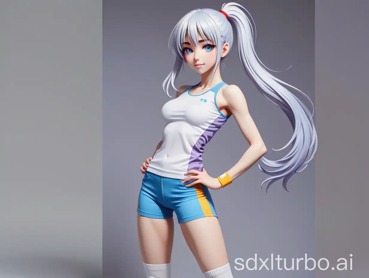 Elegant-Anime-Girl-with-White-Hair-and-Blue-Sports-Attire-Poses-Playfully