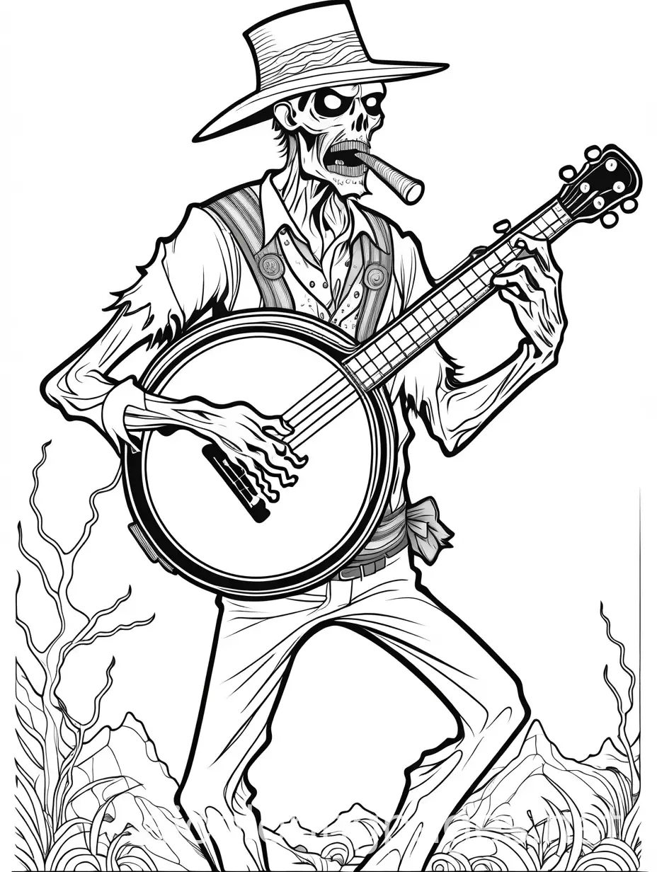 zombie playing the banjo, Coloring Page, black and white, line art, white background, Simplicity, Ample White Space. The background of the coloring page is plain white to make it easy for young children to color within the lines. The outlines of all the subjects are easy to distinguish, making it simple for kids to color without too much difficulty