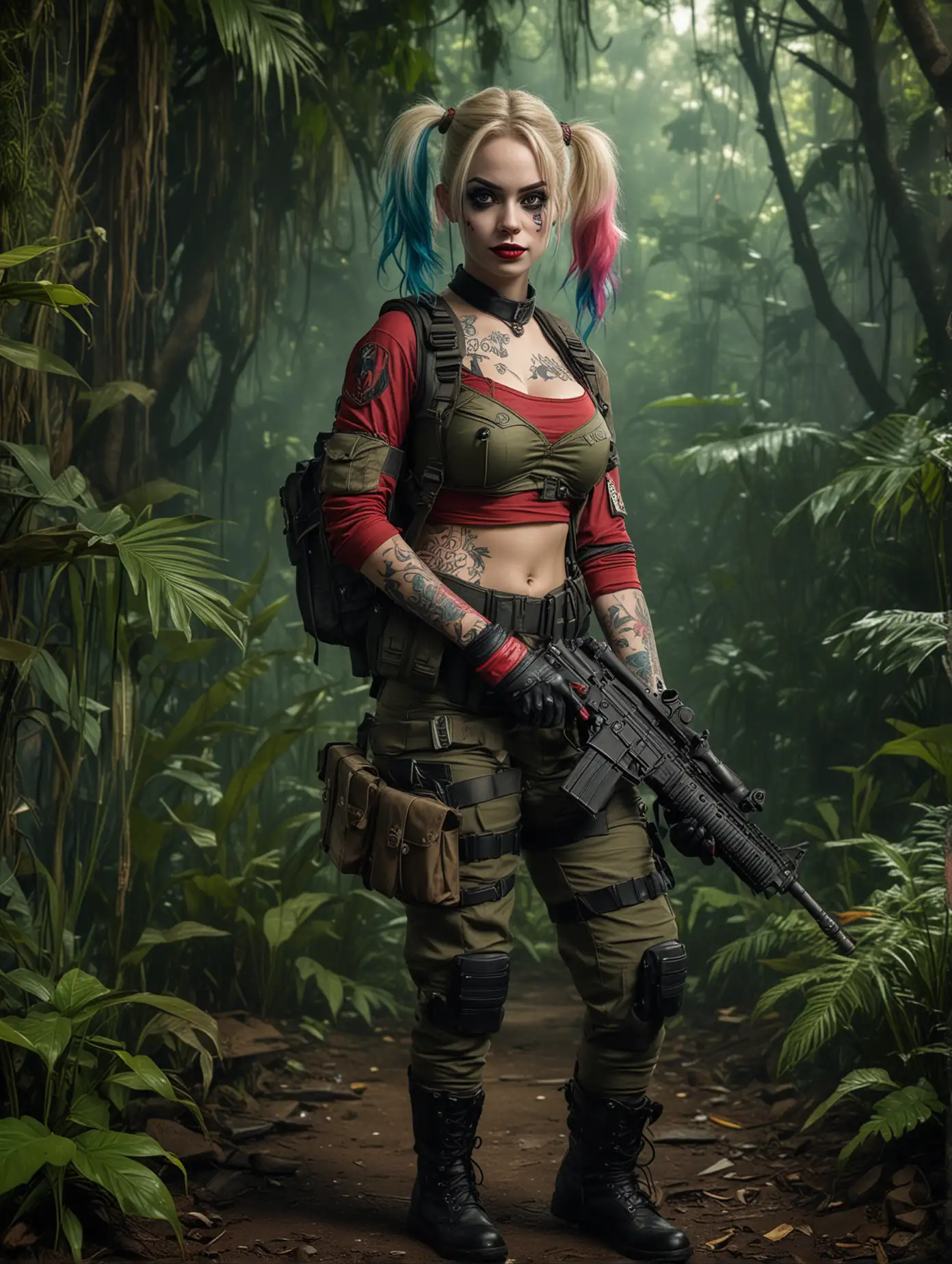 Cosplay-Army-Military-Girl-with-Machine-Gun-in-Vibrant-Jungle