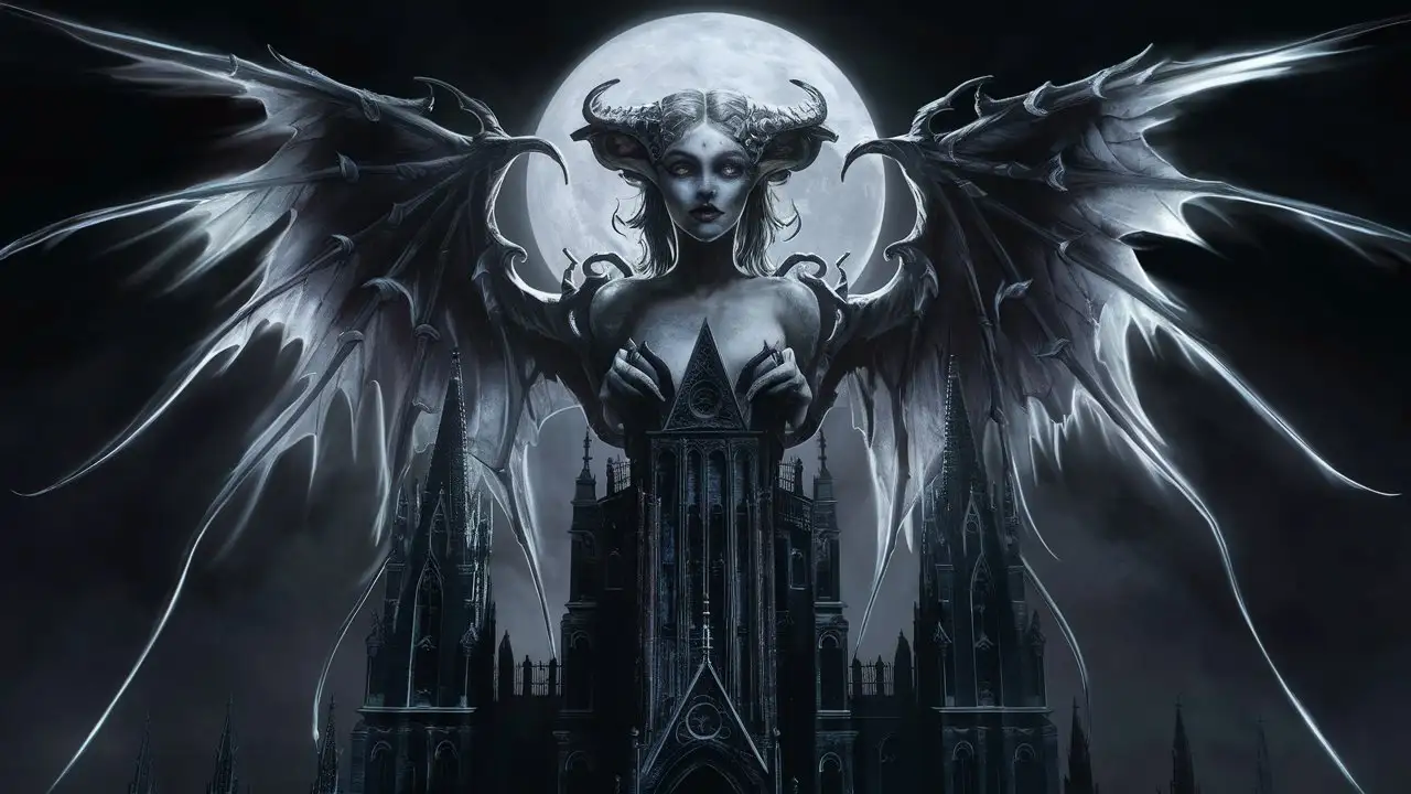 Gothic Cathedral Guardian Elegant Gargoyle Woman in Moonlit Night