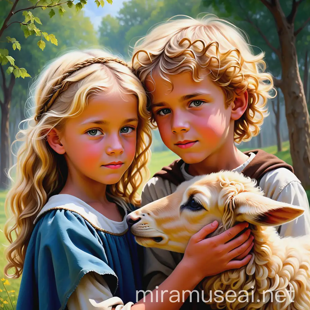 generate a picture in acrilic painting style  Eduard - thin blond boy 11 years old, lives a simple life as a shepherd, but his closest friend is Elise, the kingdom’s kind and beautiful princess - curly blong girl 11 years old. And as much as his heart aches for her, he knows they can never be together. 