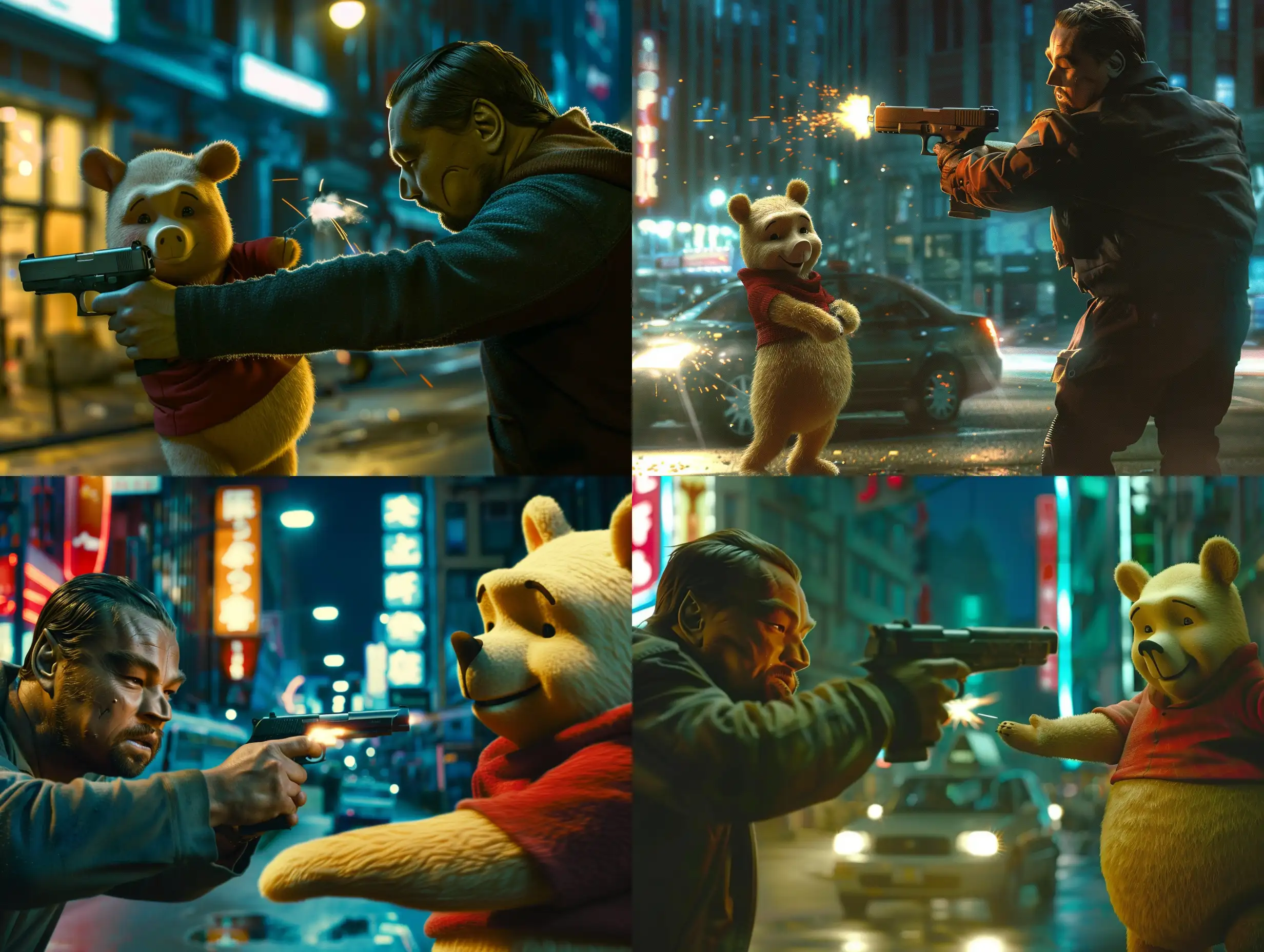 In the city at night, Leonardo Dicaprio shoots a gun at Winnie the pooh, cinematic lighting, photorealistic,  stunning photography, vibrant, 