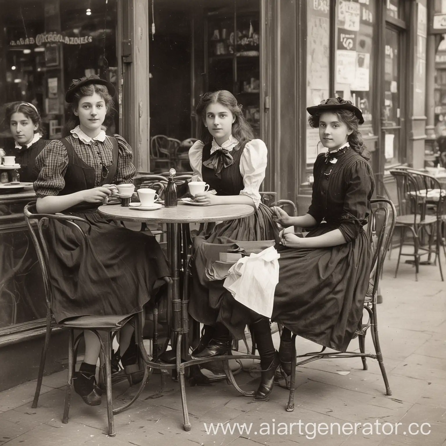 Vintage-Caf-Scene-Two-Elegant-Young-Women-in-1900