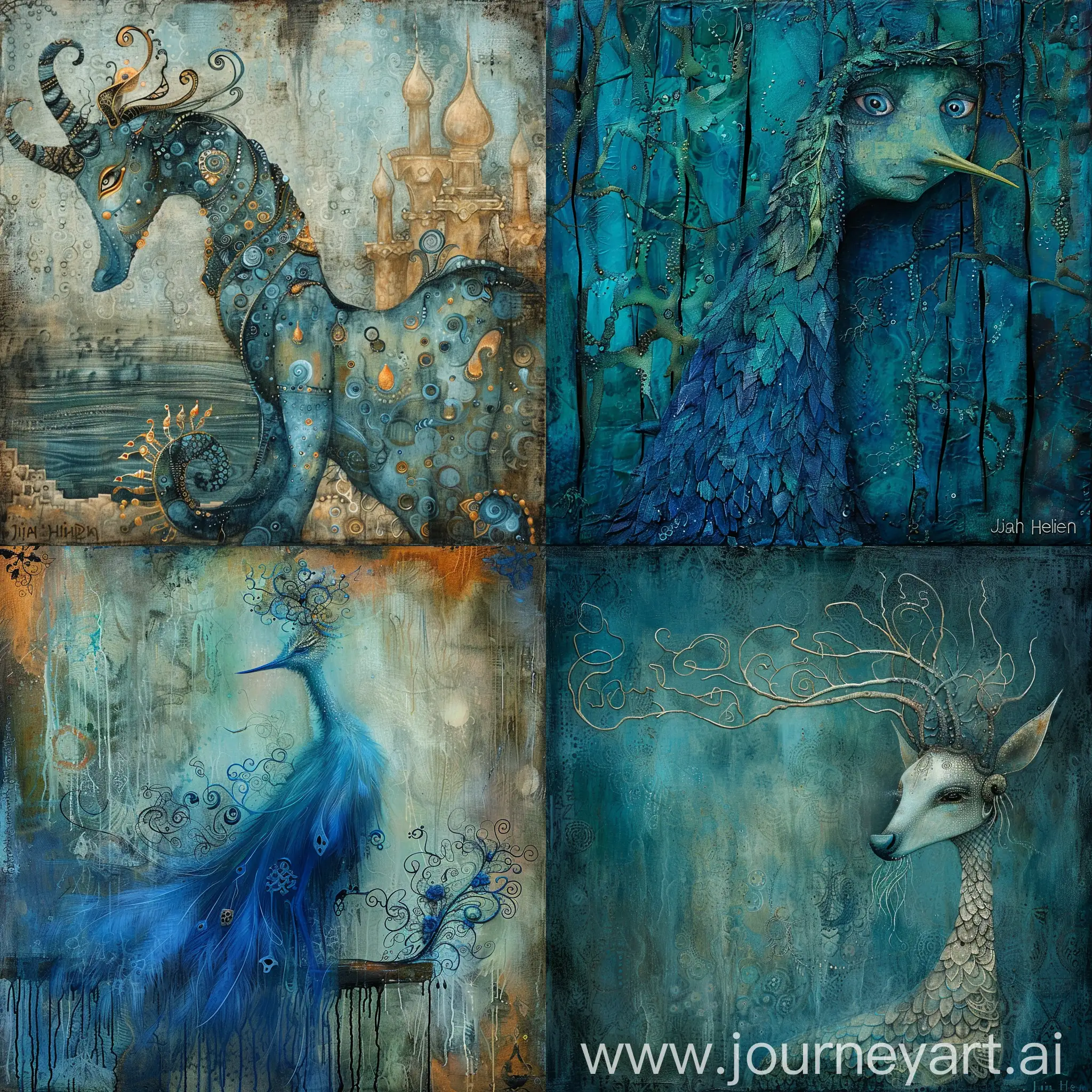 whimsical FANTASY creature, in the style of enchanting surrealism, with hidden meanings, illusory images, jamie heiden, dark azure and aquamarine, texture-rich canvases, whimsical beauty, qajar art, raw art
