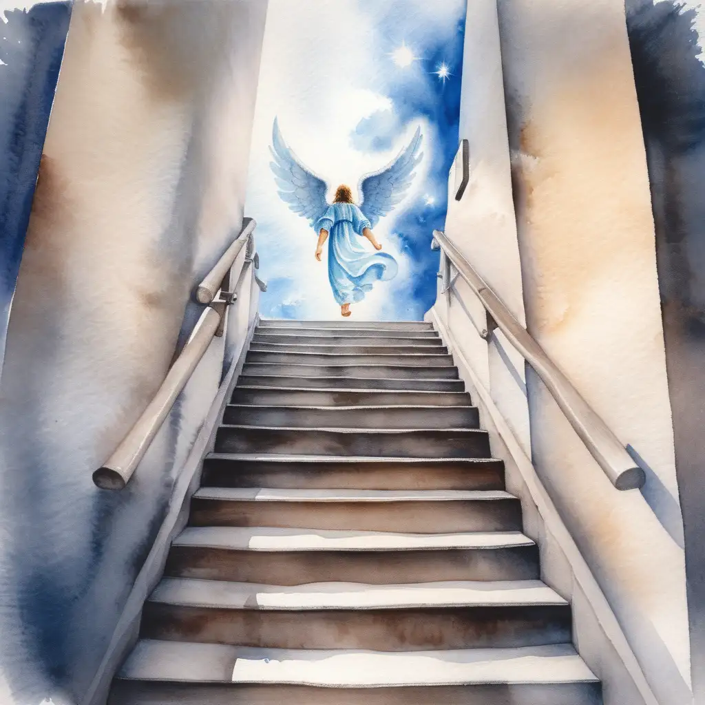 En trappa upp till himmelen , där uppe står en ängel med vattenfärg 