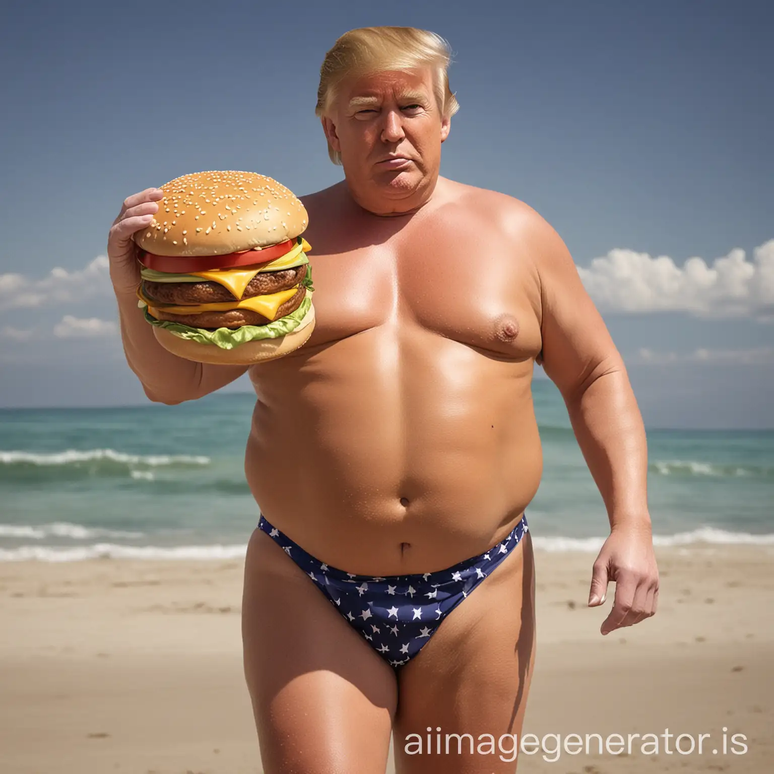 Create an image of donald trump. He is wearing swim suit. He has big belly. He is also carrying a macdonald cheese bruger