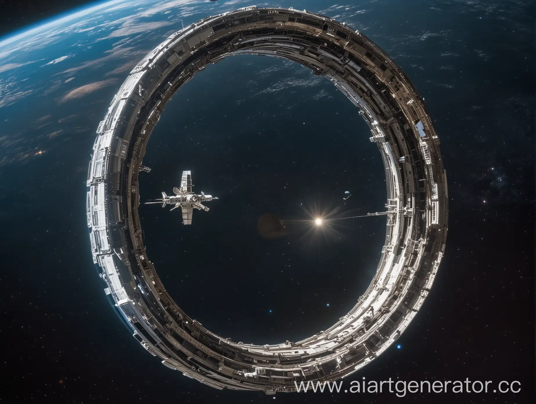 Space-Station-Orbiting-Ringed-Planet-in-Cosmic-Scenery