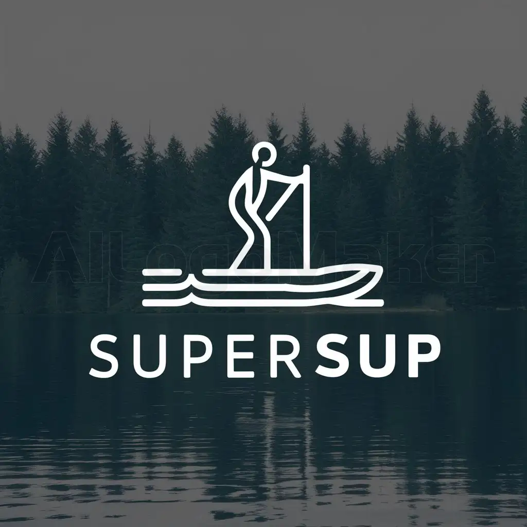 a logo design,with the text "SUPerSUP", main symbol:Supboard with a person and a paddle, sailing on a lake, against a backdrop of a pine forest,Moderate,be used in Travel industry,clear background