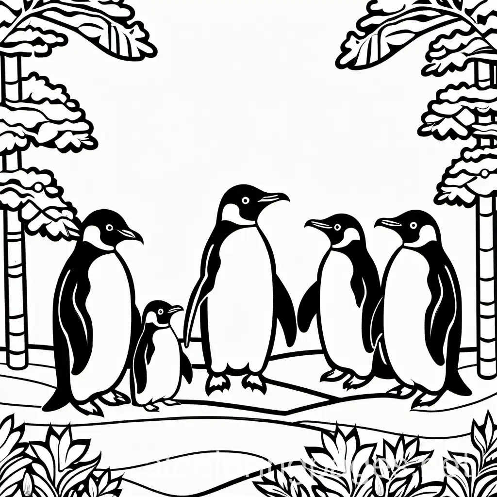 group of penguins on snow, Coloring Page, black and white, line art, white background, Simplicity, Ample White Space. The background of the coloring page is plain white to make it easy for young children to color within the lines. The outlines of all the subjects are easy to distinguish, making it simple for kids to color without too much difficulty