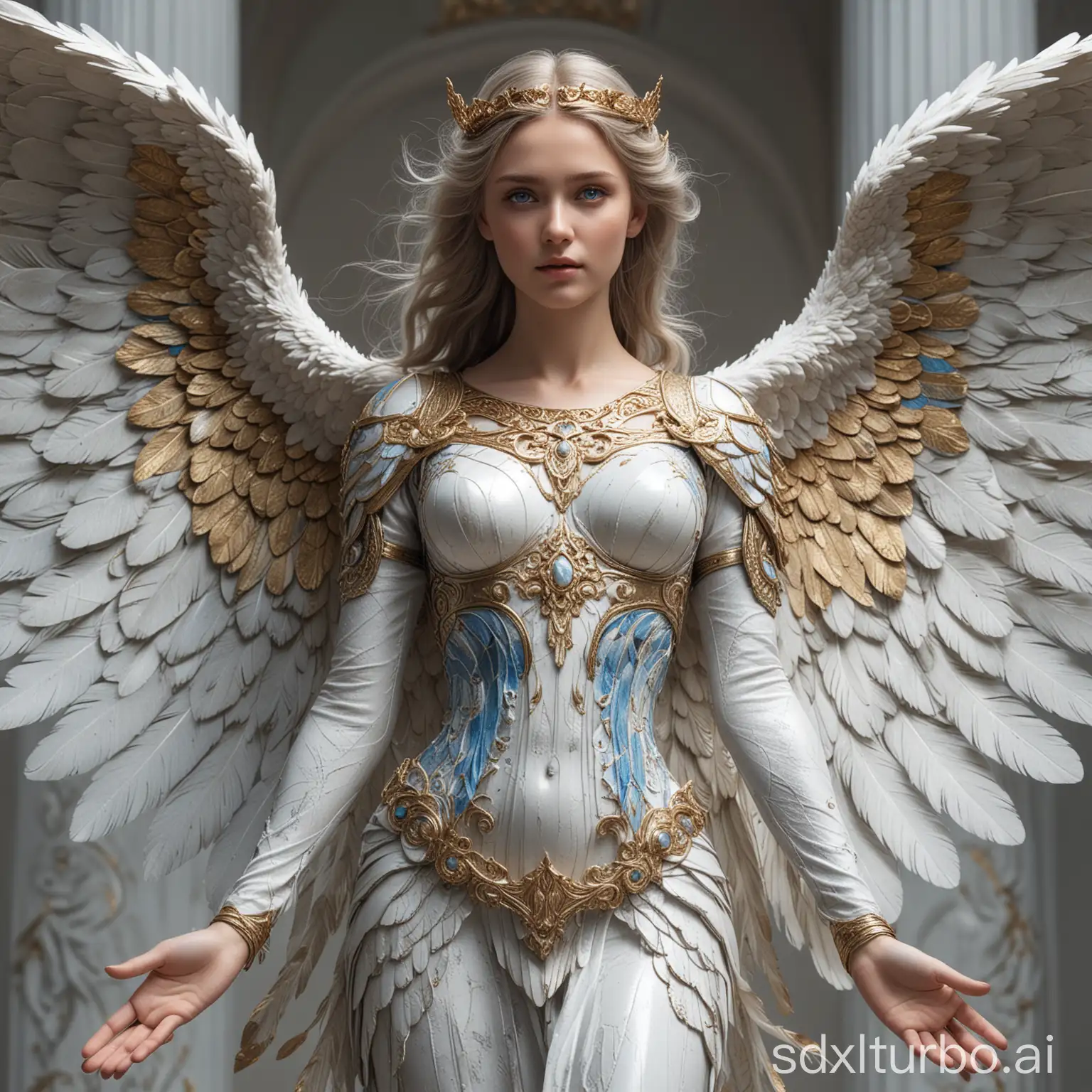 A RAW photo of a magnificent angel with details, including a full-body shot from a distance where both the body and wings are visible. The image features sharp focus, clear bright blue eyes that are striking, detailed facial features and skin texture, wings spread out with gold and silver tips on the feathers, intricate marble and bone patterns intertwined and swirling in a final fantasy style. The angel is stunningly beautiful, wearing translucent, high-quality attire suitable for both photos and artistic renderings in 8k resolution with high detail and realistic lighting, focusing on the hands and face. The image has a painterly quality and strong composition, earning awards and set against a simple white background.