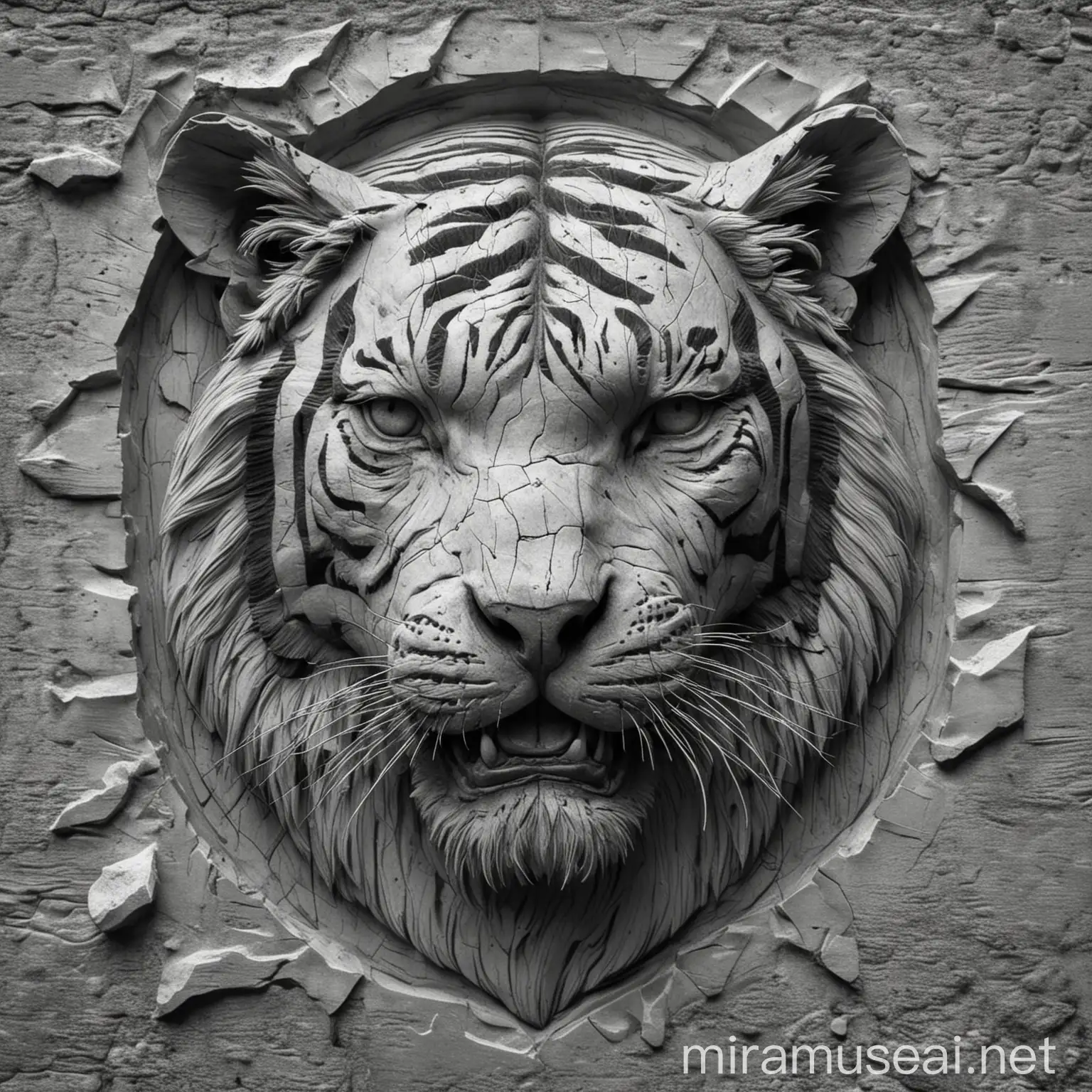 Majestic Grayscale Tiger in Bas Relief