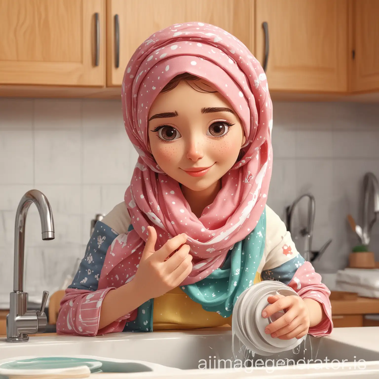 a cartoon woman scarf on her head.Washing dishes with her child
